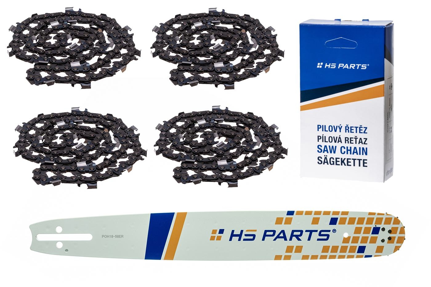 HS PARTS vodící lišta 18" (45 cm) 3/8" .058" (1,5 mm) + 4 x pilový řetěz 64 článků hranatý zub pro Husqvarna 246 254 262 345 357 455 460 555 560 Jonsered 2054 CS2260 Dolmar 111 112 115 PS540 Solo 613 614 650 Oleomac 162 956 962