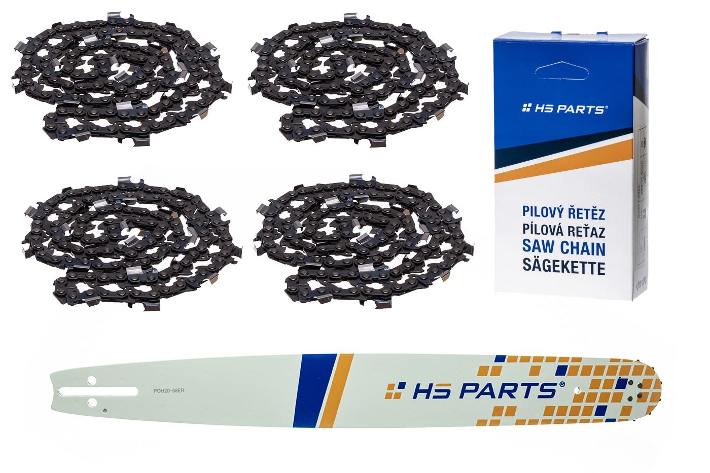 HS PARTS vodící lišta 20" (50 cm) 3/8" .058" (1,5 mm) + 4 x pilový řetěz 72 článků hranatý zub pro Husqvarna 246 254 262 345 357 455 460 555 560 Jonsered 2054 CS2260 Dolmar 111 112 115 PS540 Solo 613 614 650 Oleomac 162 956 962