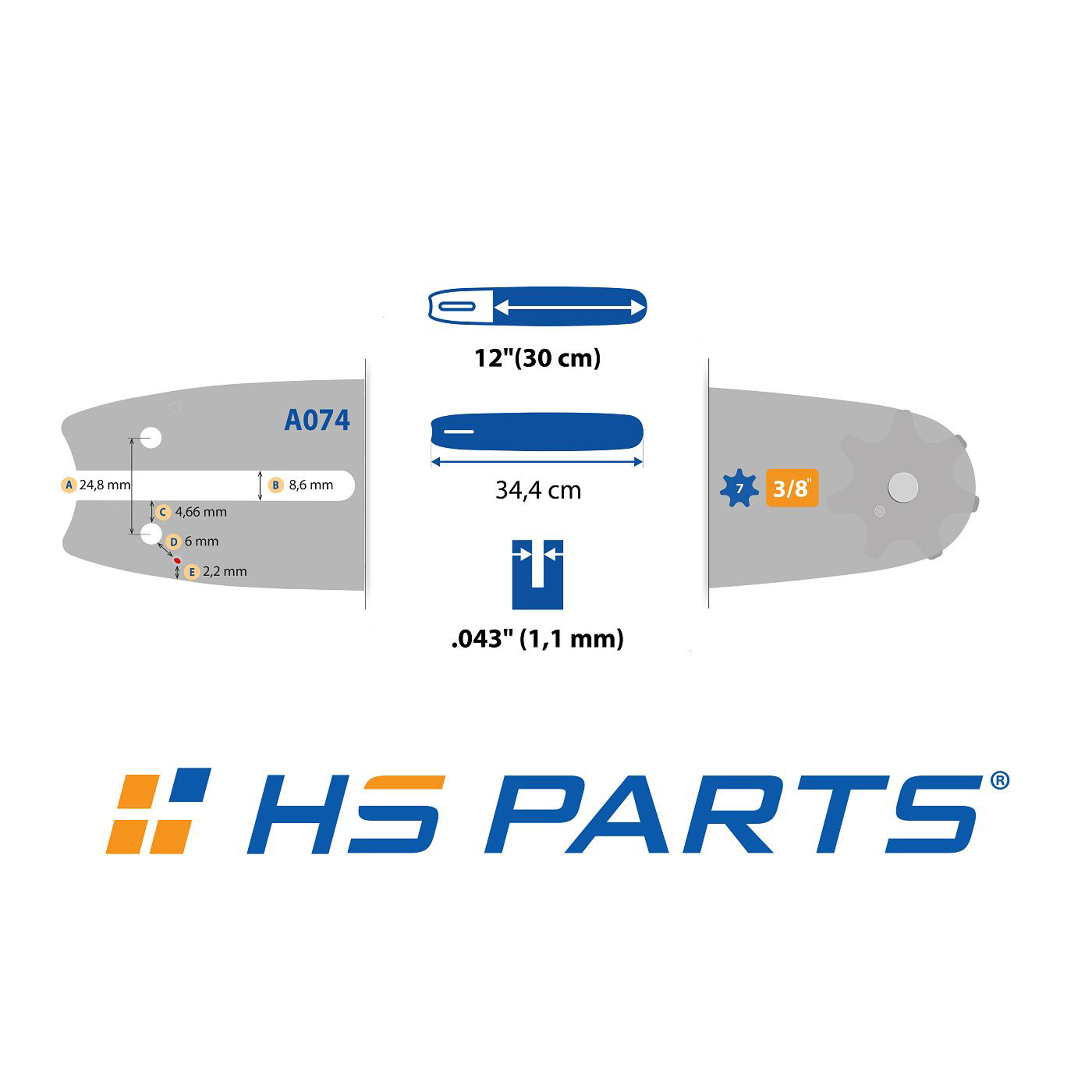 HS PARTS vodící lišta 12" (30 cm) 3/8" .043" (1,1 mm) + 4 x pilový řetěz 44 článků hranatý zub pro Stihl MSE140 MSE141 MSE160 MS170 MS171 MS180 MS181 MS192 MS211 MS191T MSE141 MSA200C HT101 HT70 E140 023L