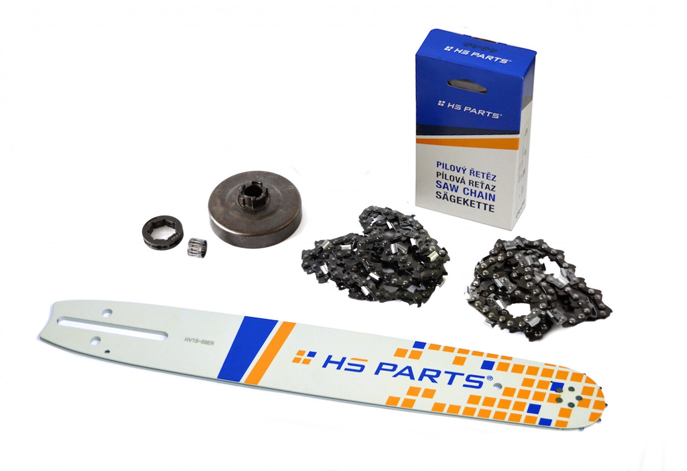 HS PARTS vodící lišta 15" (38cm) + 2 x řetěz 3/8" .058" (1,5 mm) 56 článků hranatý zub + řetězka Husqvarna 268 272XP