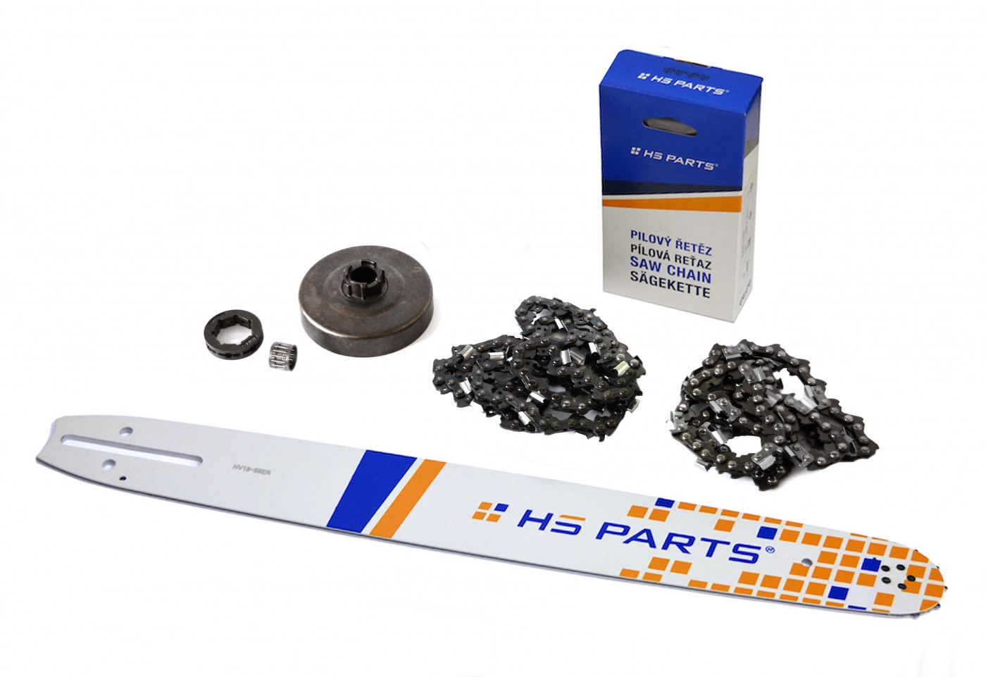 HS PARTS vodící lišta 18" (45cm) + 2 x řetěz 3/8" .058" (1,5 mm) 68 článků hranatý zub + řetězka Husqvarna 268 272XP