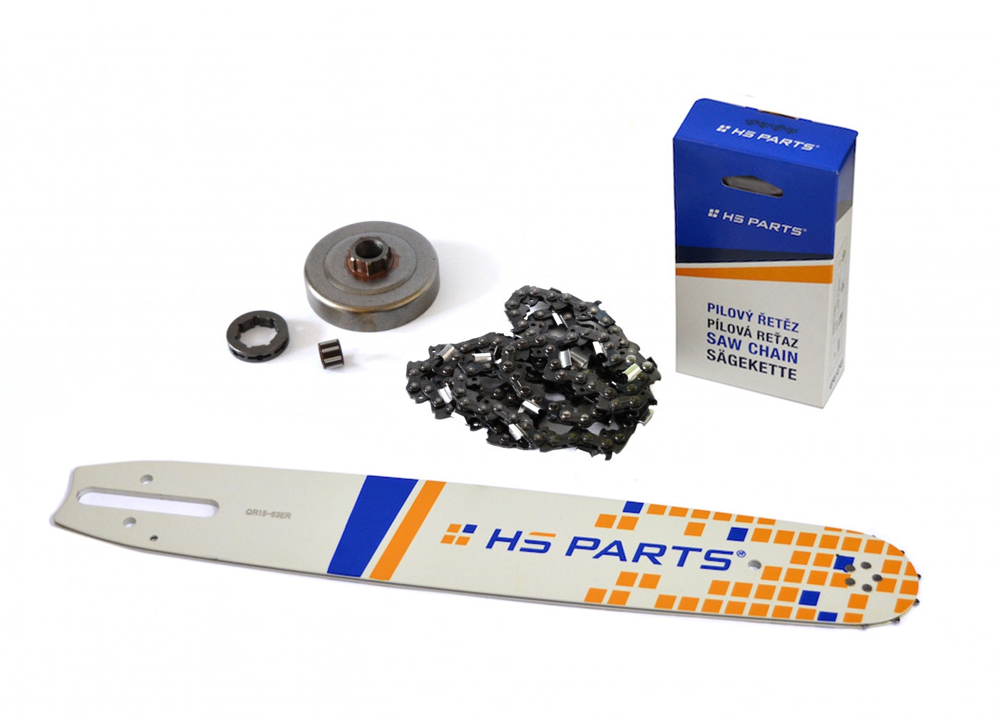 HS PARTS vodící lišta 15" (38 cm) + řetěz 3/8" .063" (1,6 mm) 56 článků hranatý zub + řetězka pro Stihl 044 046 MS341 MS361 MS362 MS440 MS441 MS460 MS461