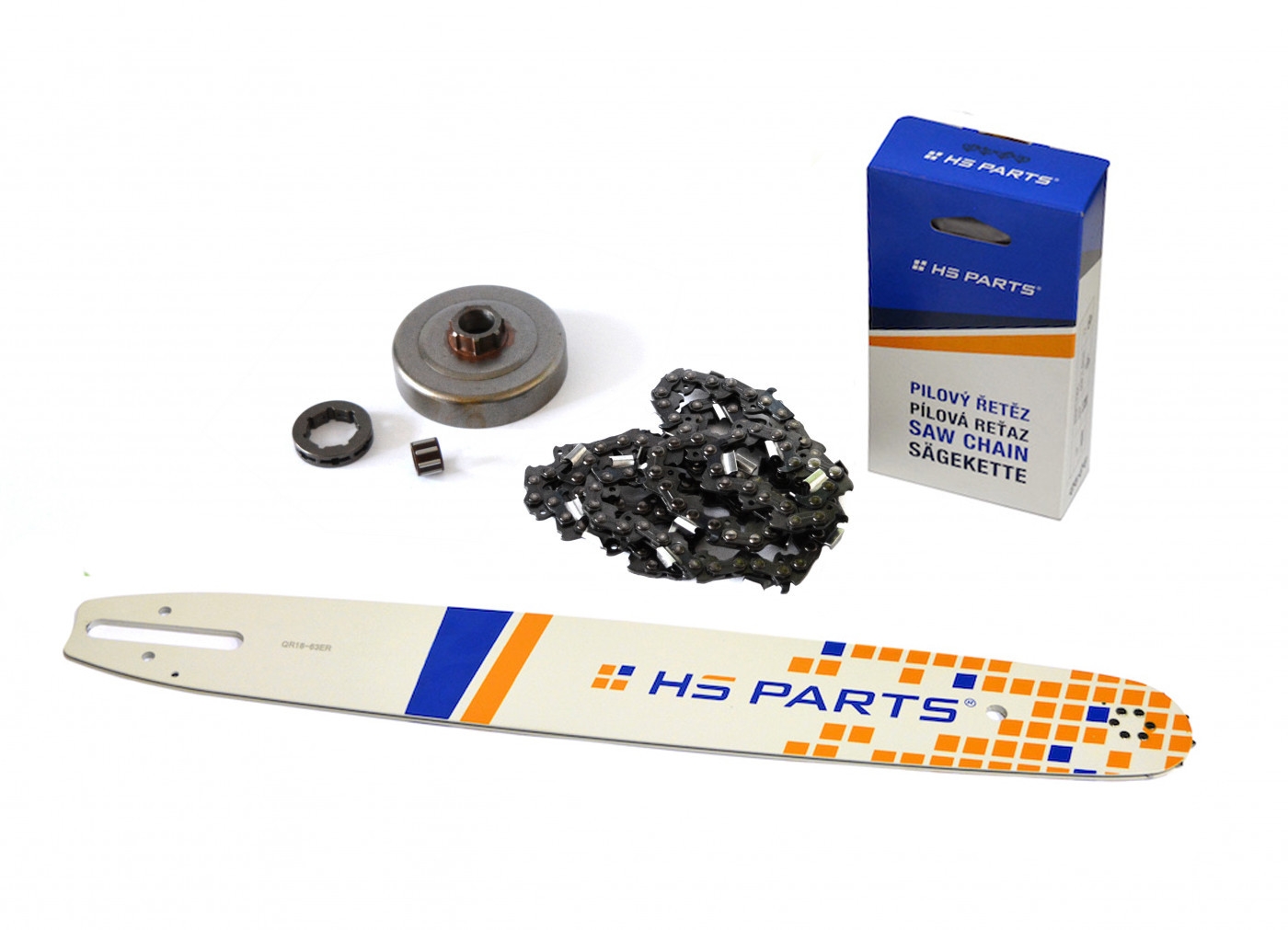 HS PARTS vodící lišta 18" (45 cm) + řetěz 3/8" .063" (1,6 mm) 66 článků hranatý zub + řetězka pro Stihl 044 046 MS341 MS361 MS362 MS440 MS441 MS460 MS461