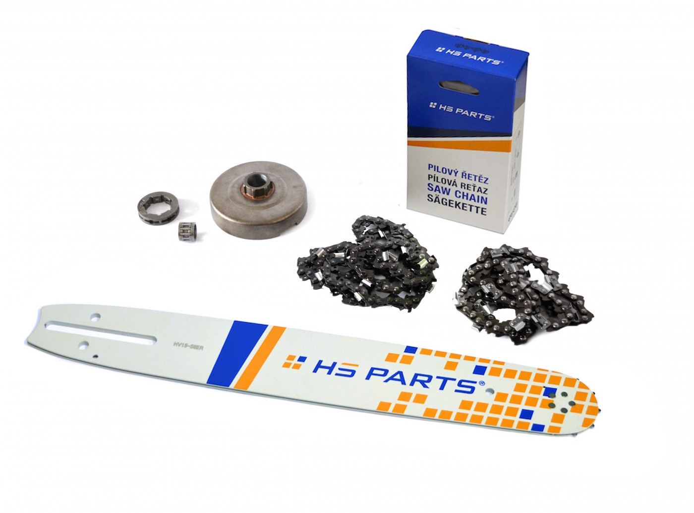 HS PARTS vodící lišta 15" (38cm) 3/8" .058" (1,5 mm) + 2 x pilový řetěz 56 článků hranatý zub + řetězka Husqvarna 362 365 371 372XP 365 X-TORQ Jonsered 2163 CS2165