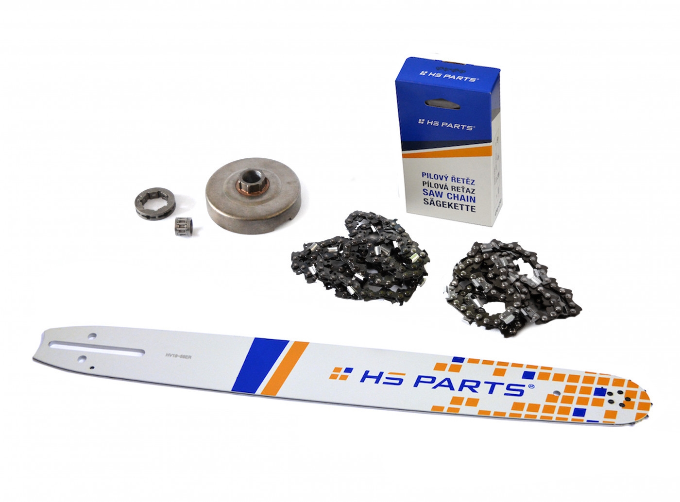 HS PARTS vodící lišta 18" (45cm) + 2 x řetěz 3/8" .058" (1,5 mm) 68 článků hranatý zub + řetězka Husqvarna 362 365 371 372XP 365 X-TORQ Jonsered 2163 CS2165