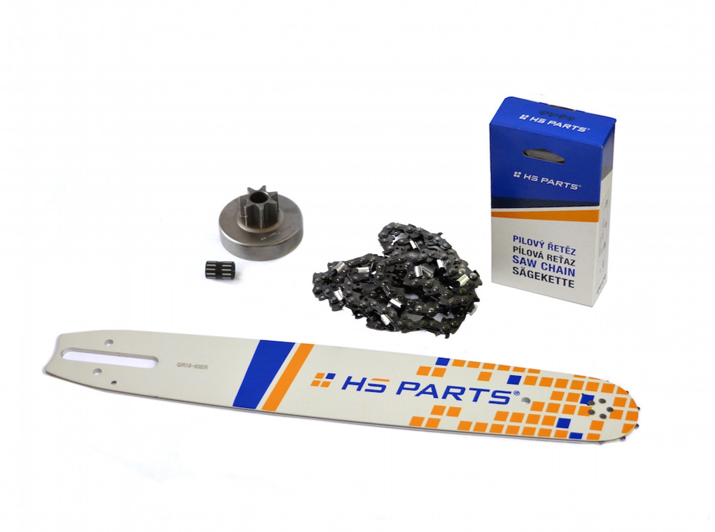 HS PARTS vodící lišta 15" (38 cm) + řetěz 3/8" .063" (1,6 mm) 56 článků hranatý zub + řetězka pro Stihl 038 MS380