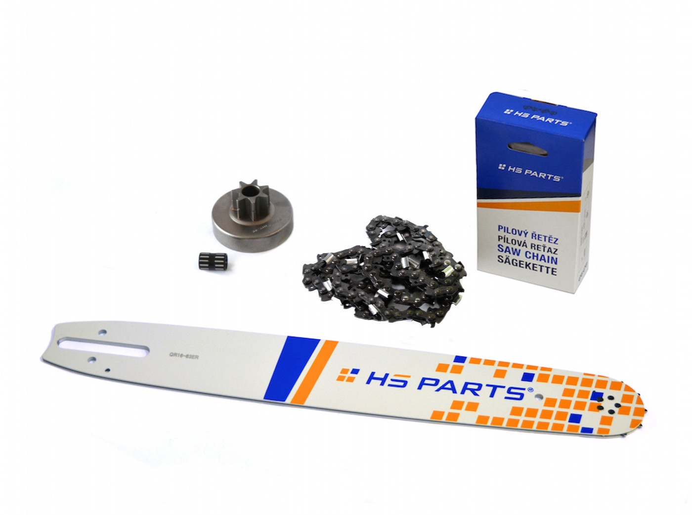 HS PARTS vodící lišta 16" (40 cm) + řetěz 3/8" .063" (1,6 mm) 60 článků hranatý zub + řetězka pro Stihl 038 MS380