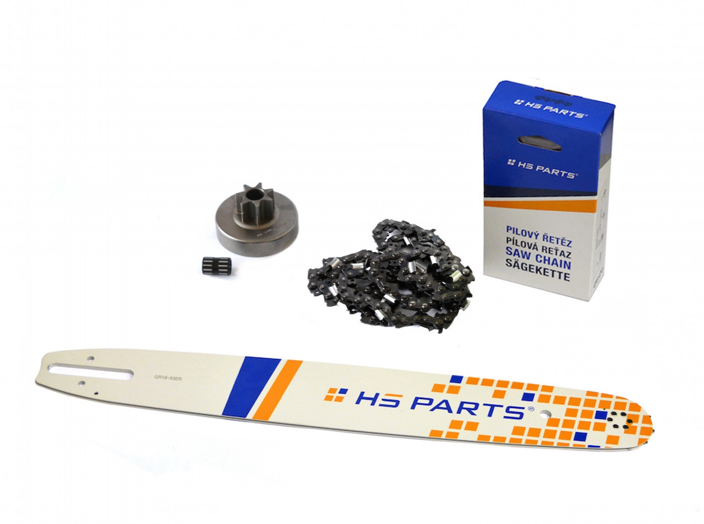 HS PARTS vodící lišta 18" (45 cm) + řetěz 3/8" .063" (1,6 mm) 66 článků hranatý zub + řetězka pro Stihl 038 MS380
