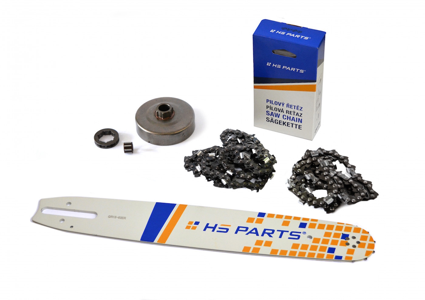 HS PARTS vodící lišta 15" (38 cm) + 2 x řetěz 3/8" .063" (1,6 mm) 56 článků hranatý zub + řetězka pro Stihl 064 066 MS660