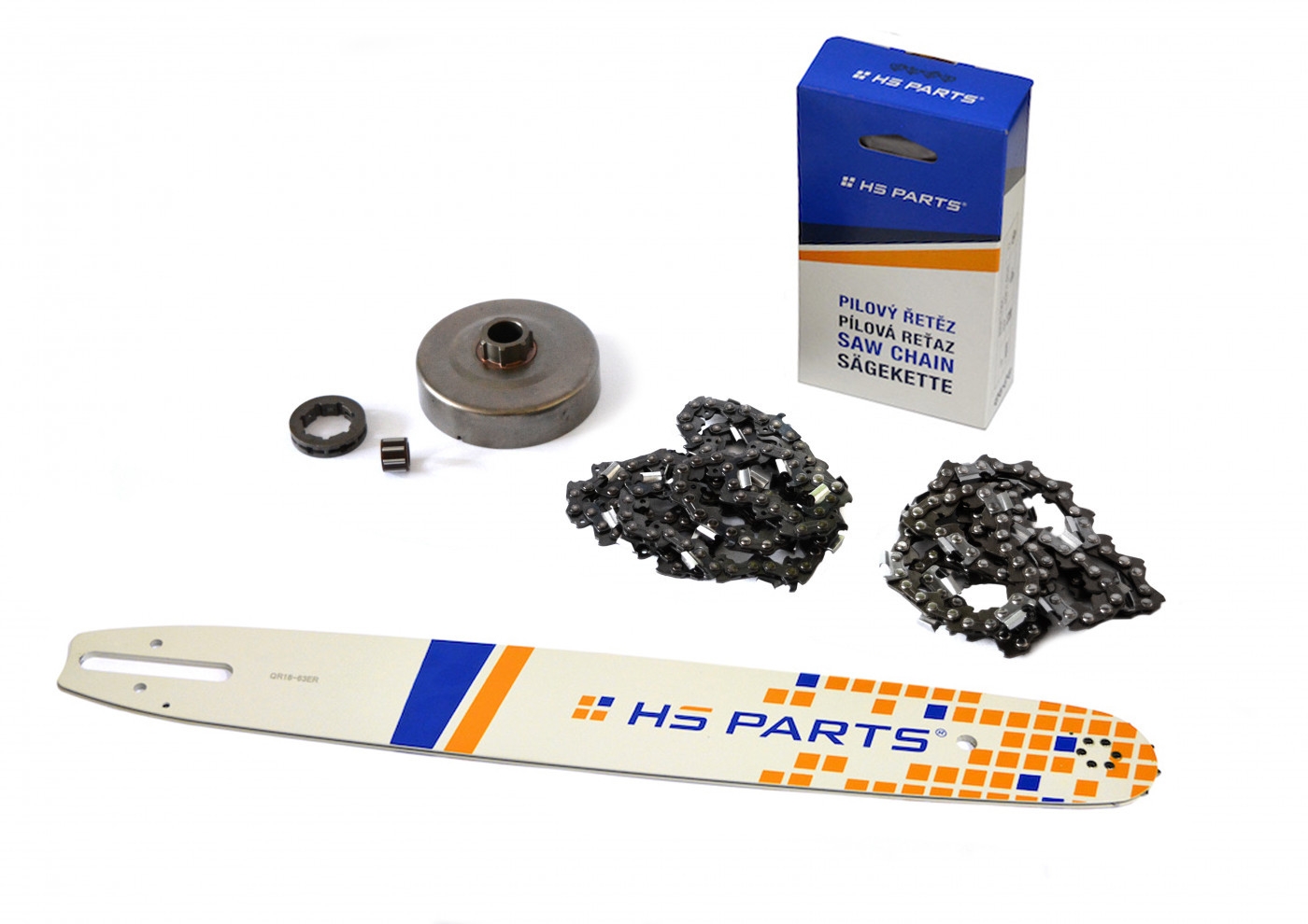 HS PARTS vodící lišta 18" (45cm) + 2 x řetěz 3/8" .063" (1,6 mm) 66 článků hranatý zub + řetězka pro Stihl 064 066 MS660