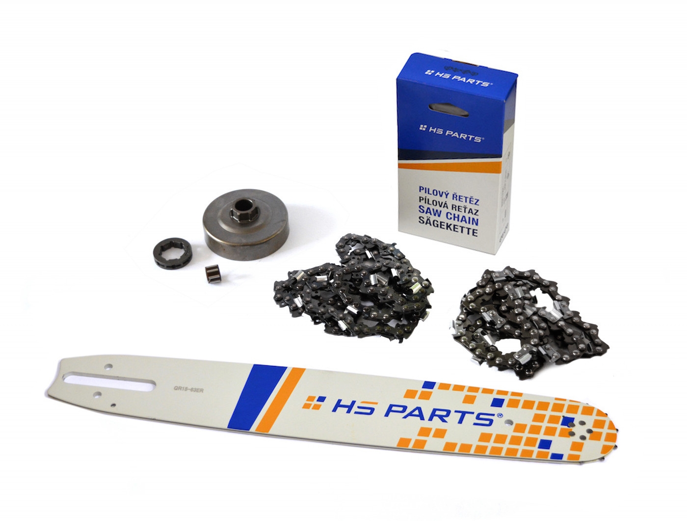 HS PARTS vodící lišta 15" (38 cm) + 2 x řetěz 3/8" .063" (1,6 mm) 56 článků hranatý zub + řetězka pro Stihl 034 036 MS340 MS360