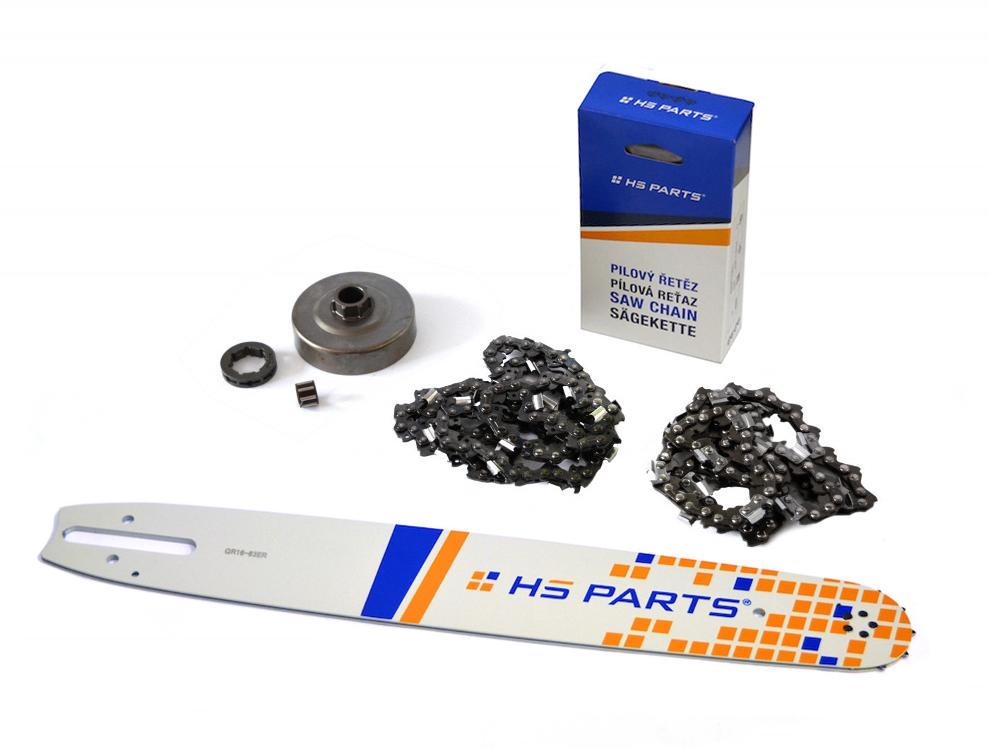 HS PARTS vodící lišta 16" (40 cm) + 2 x řetěz 3/8" .063" (1,6 mm) 60 článků hranatý zub + řetězka pro Stihl 034 036 MS340 MS360