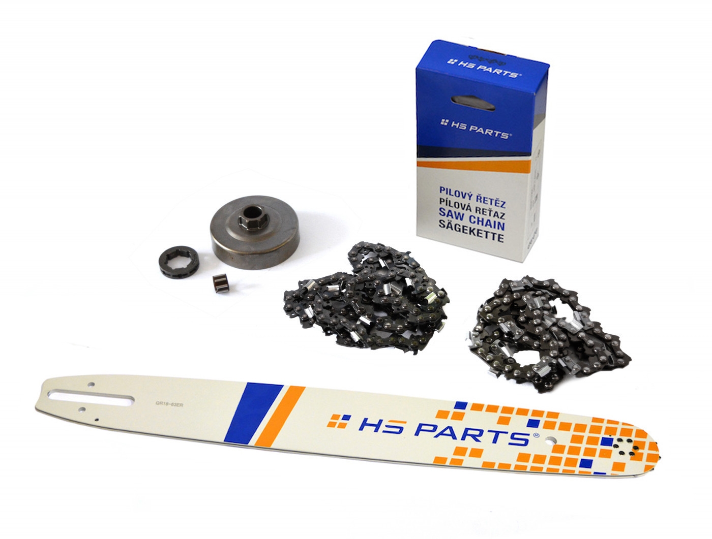 HS PARTS vodící lišta 18" (45 cm) + 2 x řetěz 3/8" .063" (1,6 mm) 66 článků hranatý zub + řetězka pro Stihl 034 036 MS340 MS360