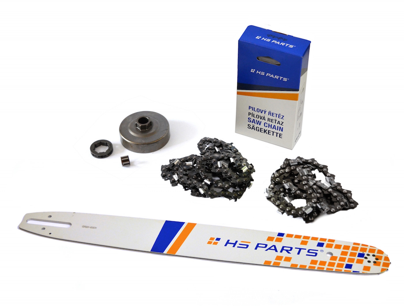 HS PARTS vodící lišta 20" (50 cm) + 2 x řetěz 3/8" .063" (1,6 mm) 72 článků hranatý zub + řetězka pro Stihl 034 036 MS340 MS360