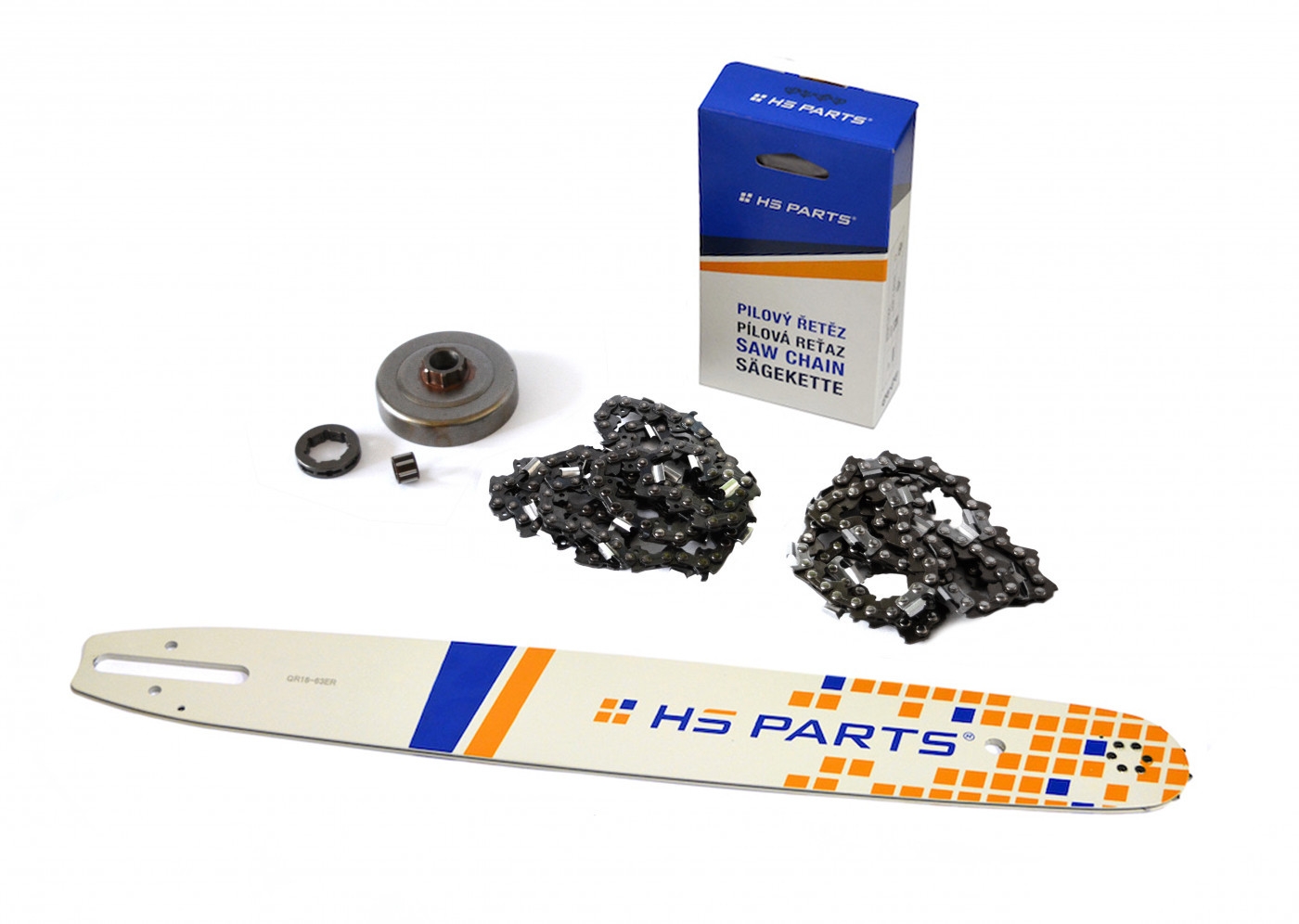 HS PARTS vodící lišta 18" (45 cm) + 2 x řetěz 3/8" .063" (1,6 mm) 66 článků hranatý zub + řetězka pro Stihl 044 046 MS341 MS361 MS362 MS440 MS441 MS460 MS461