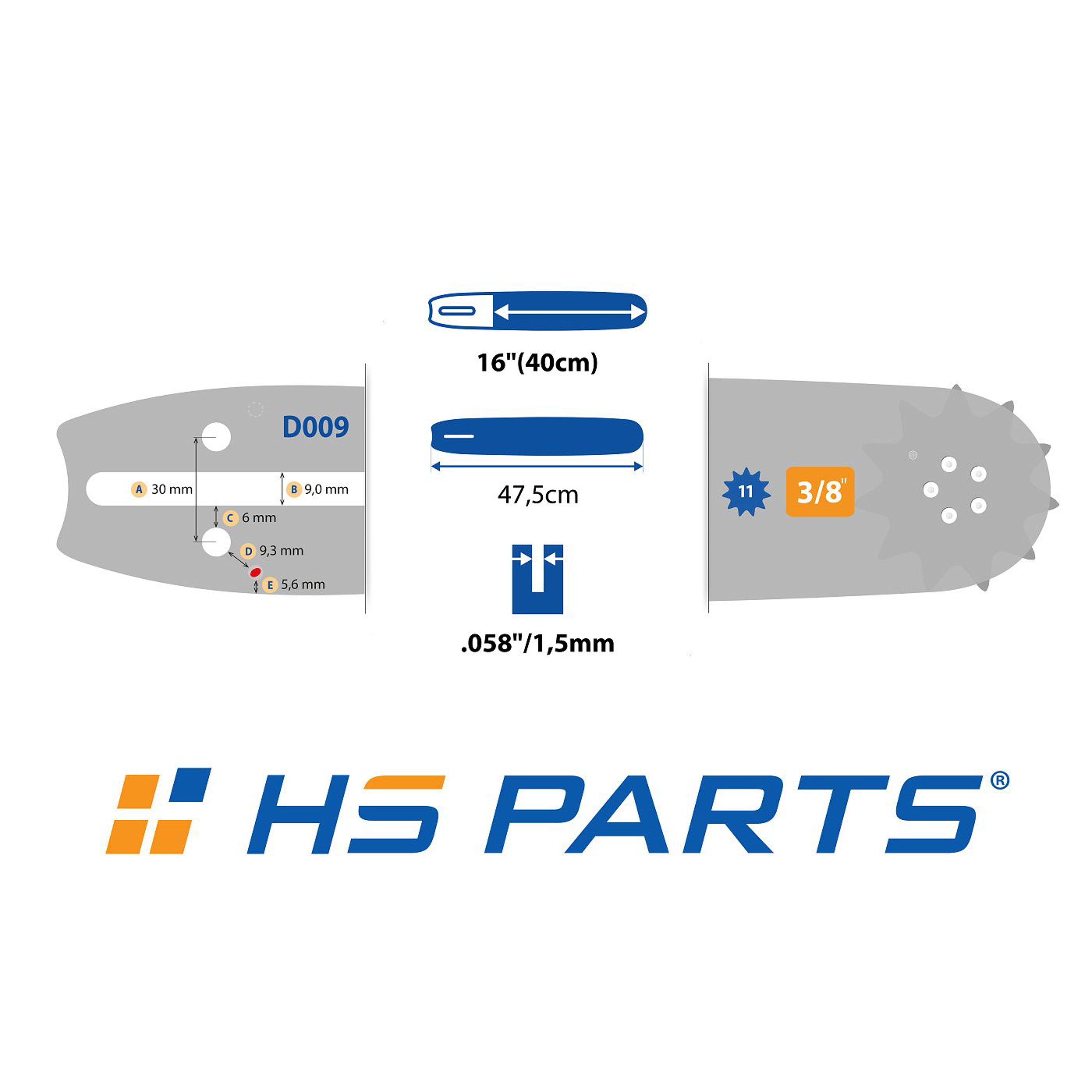 HS PARTS vodící lišta 16" (40 cm) 3/8" .058" (1,5 mm) + řetěz na podélné řezání 60 článků pro Husqvarna 61 66 266 268 272 365 372XP 385 585 Solo 665 670 681 Jonsered 2077 2171 Dolmar PS6400 Shindaiwa 285 577 Makita DCS6400 DCS7301