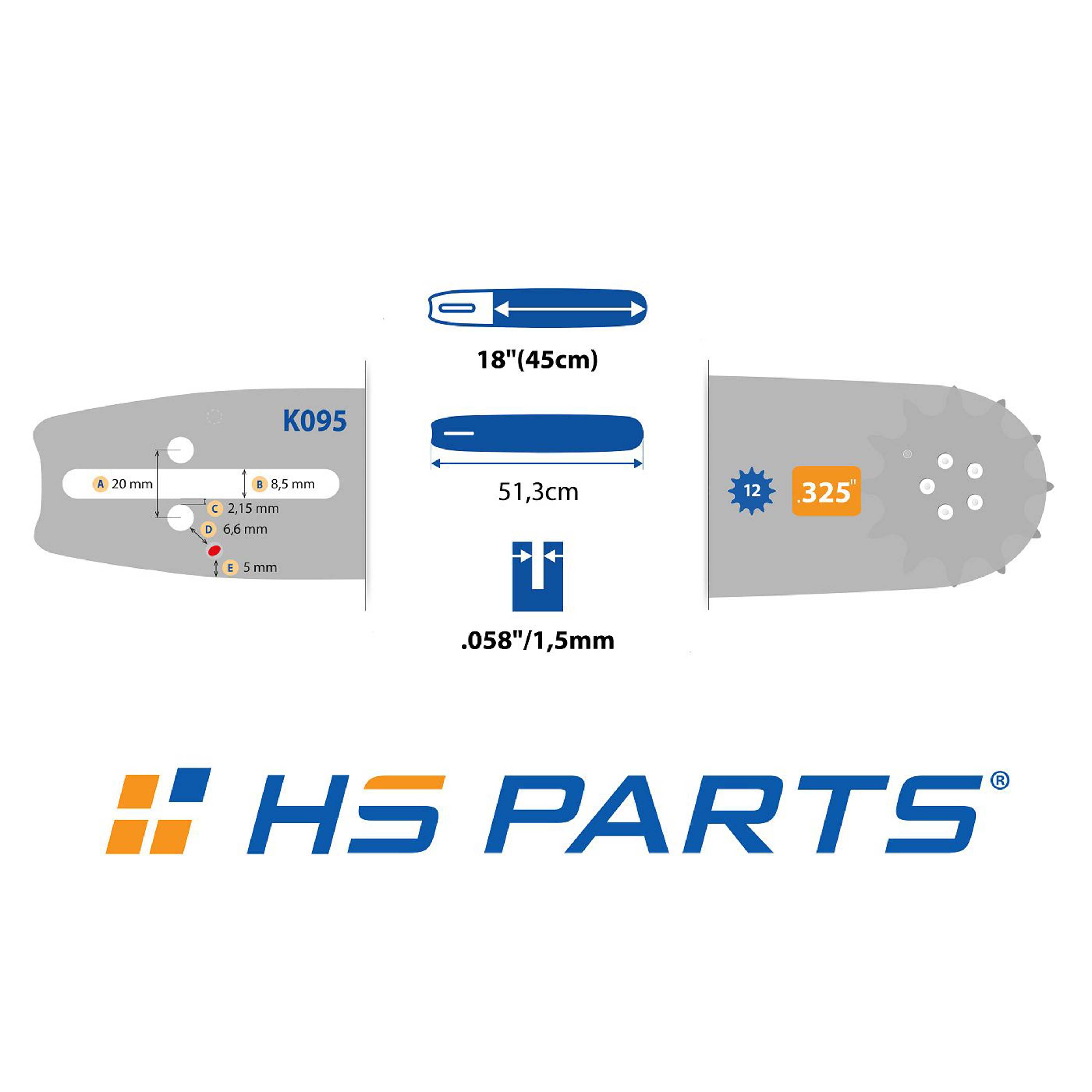 HS PARTS vodící lišta 18" (45 cm) .325" .058" (1,5 mm) + 4 x pilový řetěz 72 článků hranatý zub pro Husqvarna 36 45 55 136 154 254 257 262 345 346 357 435 445 460 Jonsered 2054 2152 2155 CS2149W Dolmar 111 112 116 Oleomac 947 952 962