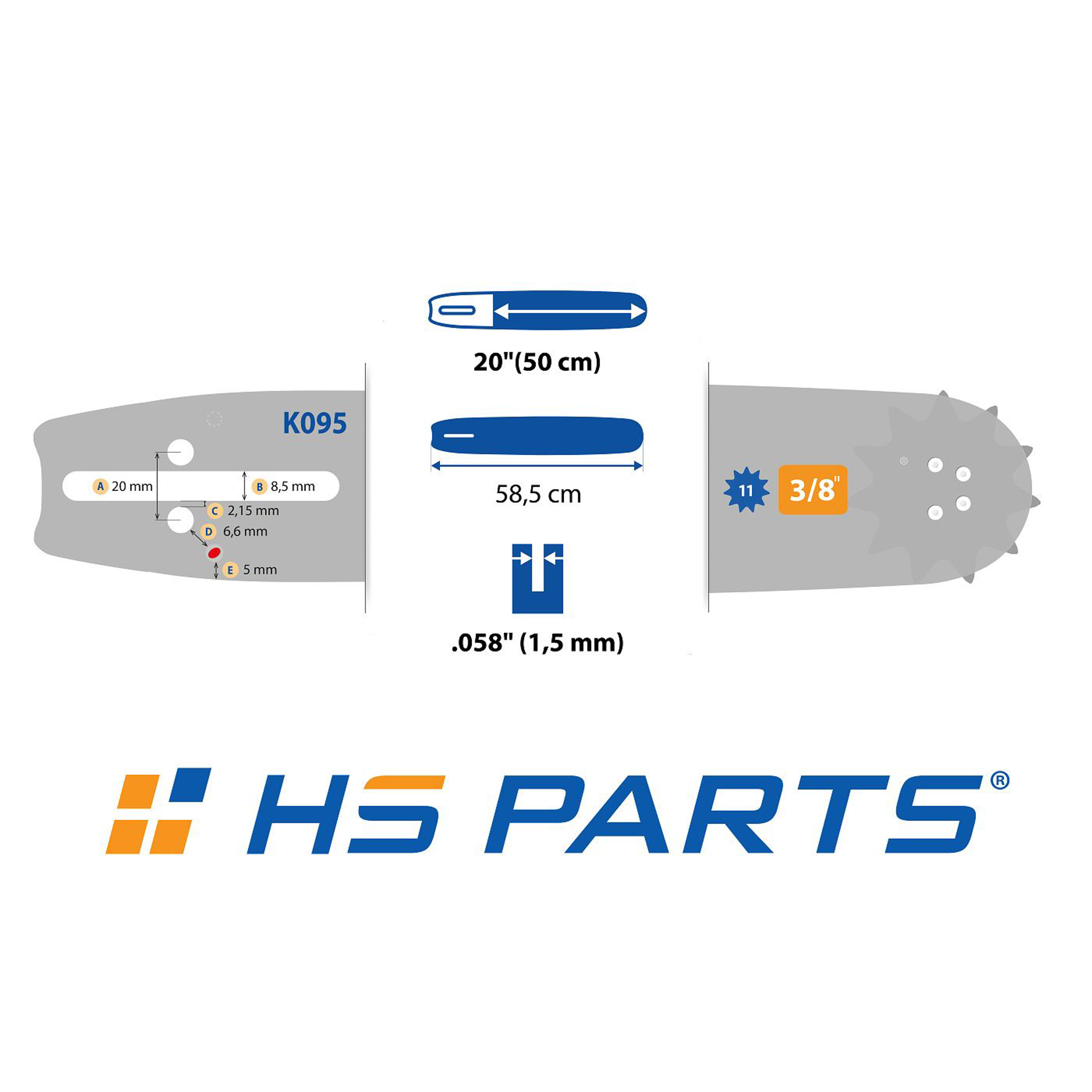 HS PARTS vodící lišta 20" (50 cm) 3/8" .058" (1,5 mm) pro Husqvarna 246 254 262 345 357 455 460 555 560 Jonsered 2054 CS2260 Dolmar 111 112 115 PS540 Solo 613 614 650 Oleomac 162 956 962
