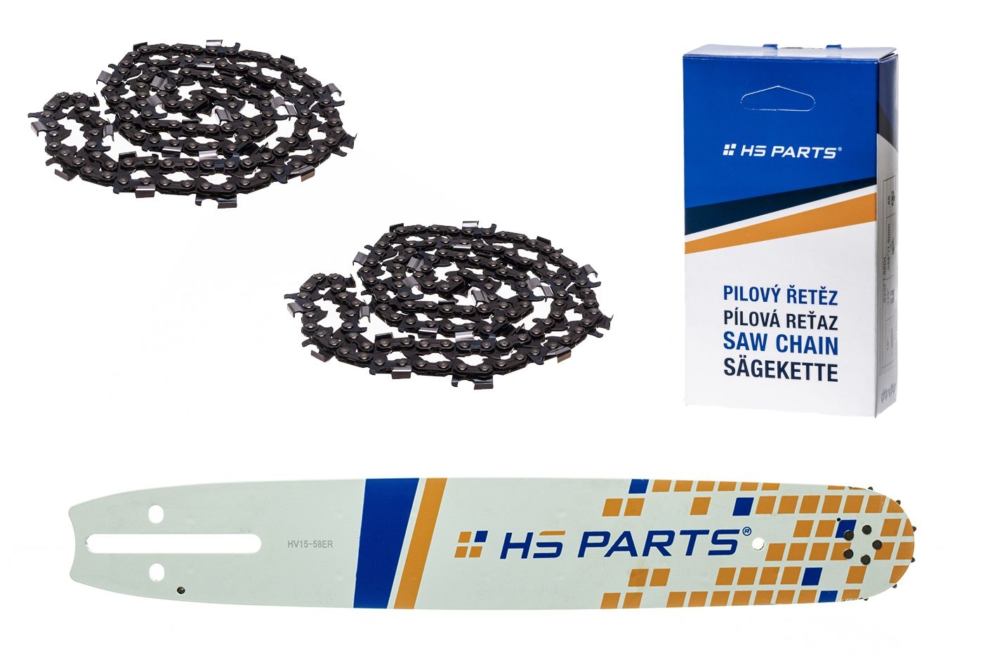 HS PARTS vodící lišta 15" (38 cm) 3/8" .058" (1,5 mm) + 2 x řetěz na podélné řezání 56 článků pro Husqvarna 61 66 266 268 272 365 372XP 385 585 Solo 665 670 681 Jonsered 2077 2171 Dolmar PS6400 Shindaiwa 285 577 Makita DCS6400 DCS7301