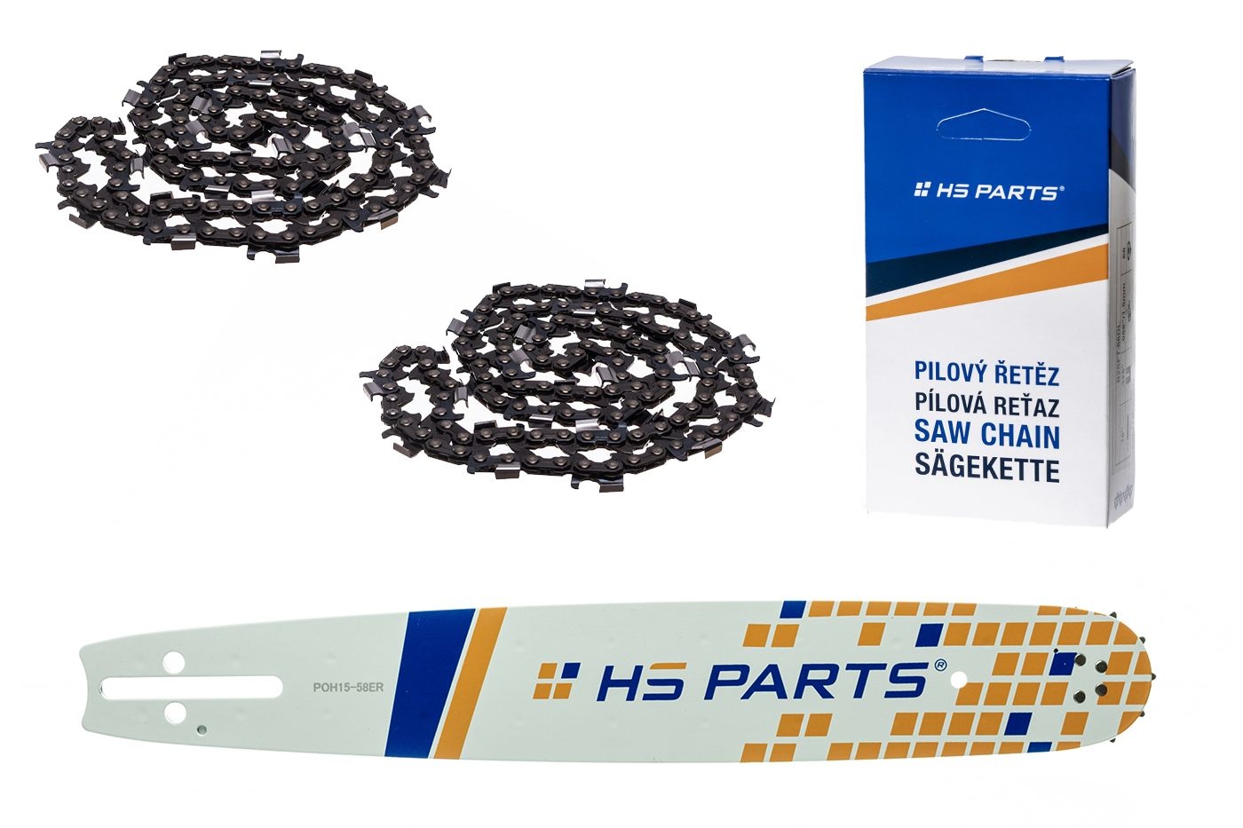 HS PARTS vodící lišta 15" (38 cm) 3/8" .058" (1,5 mm) + 2 x řetěz na podélné řezání 56 článků pro Husqvarna 51 55 246 254 257 261 262 345 356 357 359 455 460 555 560 Jonsered 2054 CS2260 Dolmar 111 112 115 PS540 Solo 613 614 650