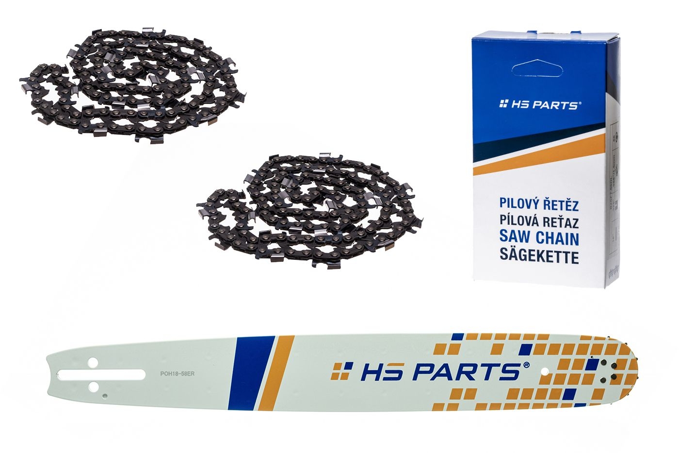 HS PARTS vodící lišta 18" (45 cm) 3/8" .058" (1,5 mm) + 2 x řetěz na podélné řezání 68 článků pro Husqvarna 51 55 246 254 257 261 262 345 356 357 359 455 460 555 560 Jonsered 2054 CS2260 Dolmar 111 112 115 PS540 Solo 613 614 650