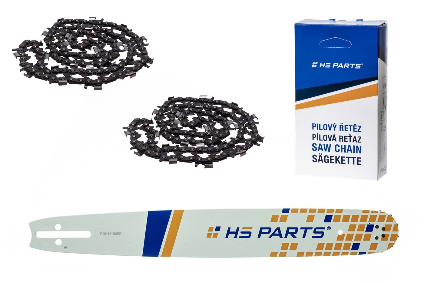 HS PARTS vodící lišta 18" (45 cm) 3/8" .058" (1,5 mm) + 2 x řetěz na podélné řezání 64 článků pro Husqvarna 51 55 246 254 257 261 262 345 356 357 359 455 460 555 560 Jonsered 2054 CS2260 Dolmar 111 112 115 PS540 Solo 613 614 650