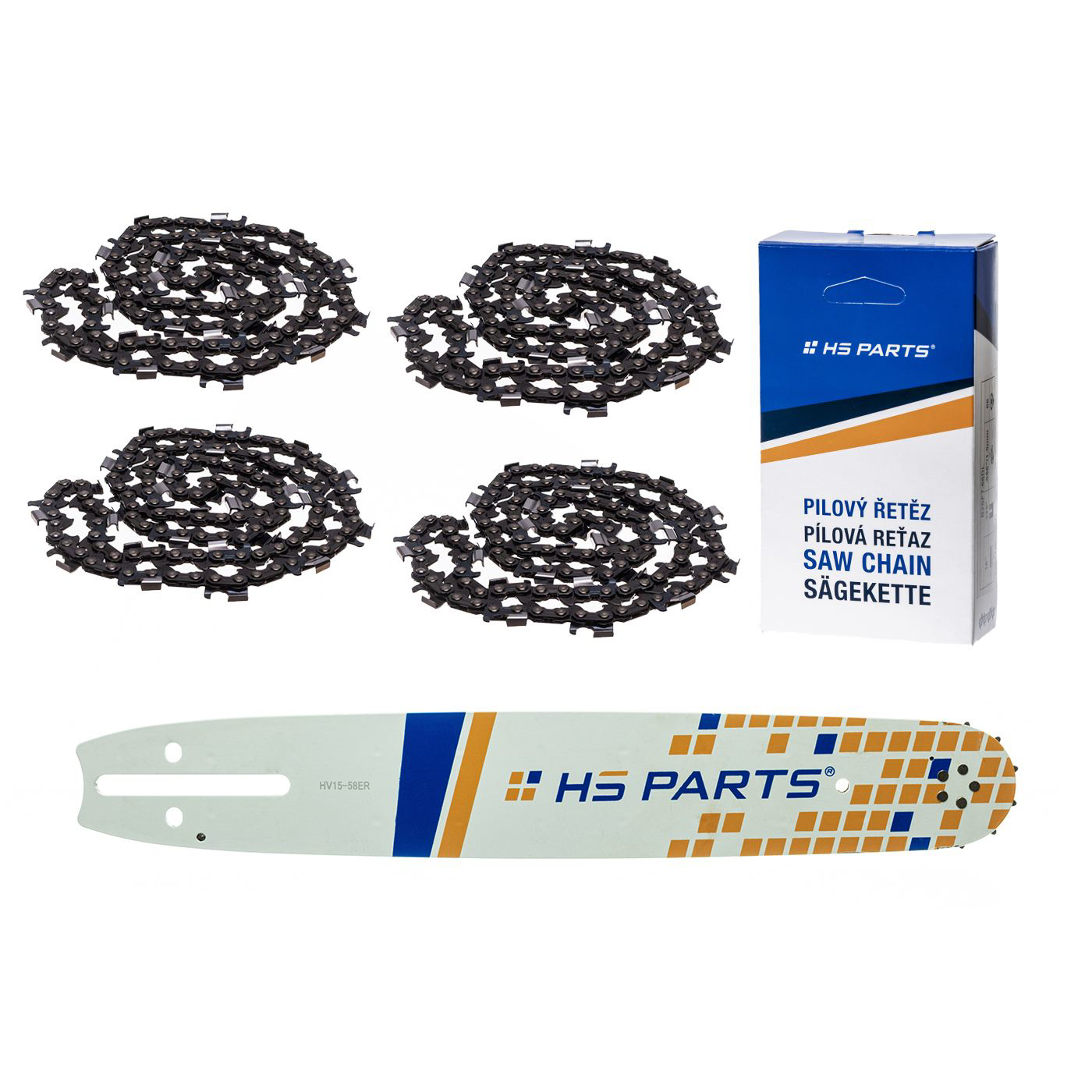 HS PARTS vodící lišta 15" (38 cm) 3/8" .058" (1,5 mm) + 4 x řetěz na podélné řezání 56 článků pro Husqvarna 61 66 266 268 272 365 372XP 385 585 Solo 665 670 681 Jonsered 2077 2171 Dolmar PS6400 Shindaiwa 285 577 Makita DCS6400 DCS7301