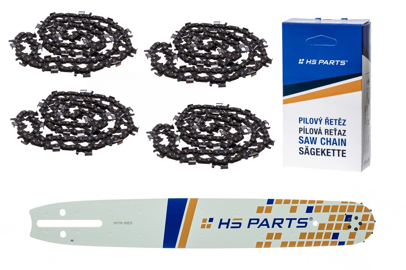 HS PARTS vodící lišta 16" (40 cm) 3/8" .058" (1,5 mm) + 4 x řetěz na podélné řezání 60 článků pro Husqvarna 61 66 266 268 272 365 372XP 385 585 Solo 665 670 681 Jonsered 2077 2171 Dolmar PS6400 Shindaiwa 285 577 Makita DCS6400 DCS7301