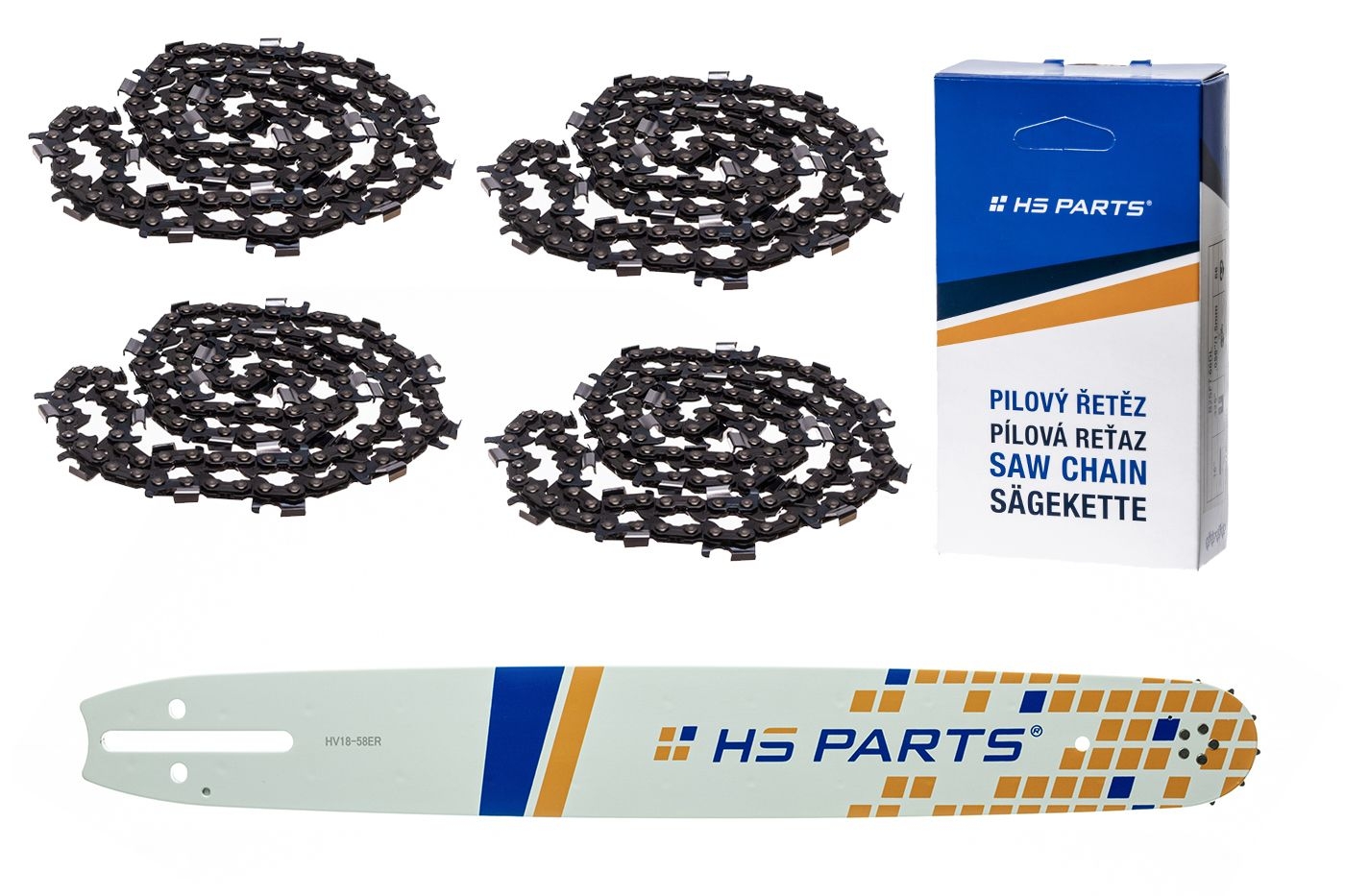 HS PARTS vodící lišta 18" (45 cm) 3/8" .058" (1,5 mm) + 4 x řetěz na podélné řezání 68 článků pro Husqvarna 61 66 266 268 272 365 372XP 385 585 Solo 665 670 681 Jonsered 2077 2171 Dolmar PS6400 Shindaiwa 285 577 Makita DCS6400 DCS7301