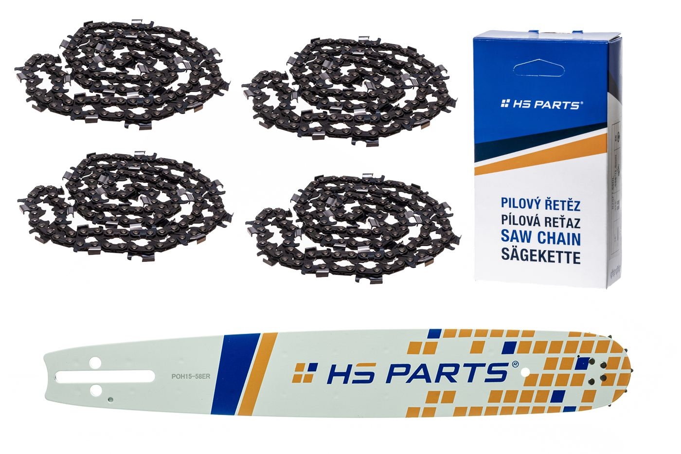 HS PARTS vodící lišta 15" (38 cm) 3/8" .058" (1,5 mm) + 4 x řetěz na podélné řezání 56 článků pro Husqvarna 51 55 246 254 257 261 262 345 356 357 359 455 460 555 560 Jonsered 2054 CS2260 Dolmar 111 112 115 PS540 Solo 613 614 650