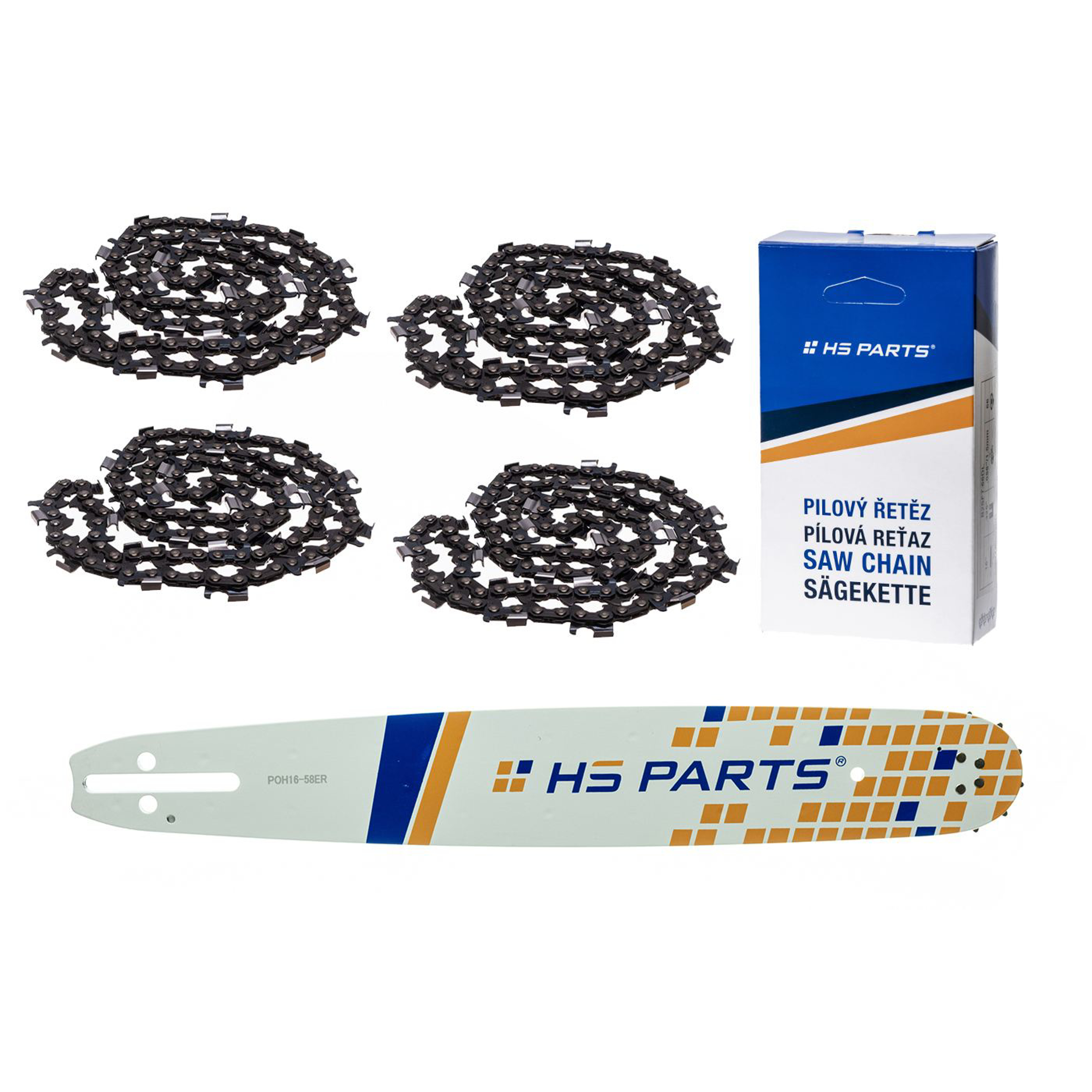 HS PARTS vodící lišta 16" (40 cm) 3/8" .058" (1,5 mm) + 4 x řetěz na podélné řezání 60 článků pro Husqvarna 51 55 246 254 257 261 262 345 356 357 359 455 460 555 560 Jonsered 2054 CS2260 Dolmar 111 112 115 PS540 Solo 613 614 650