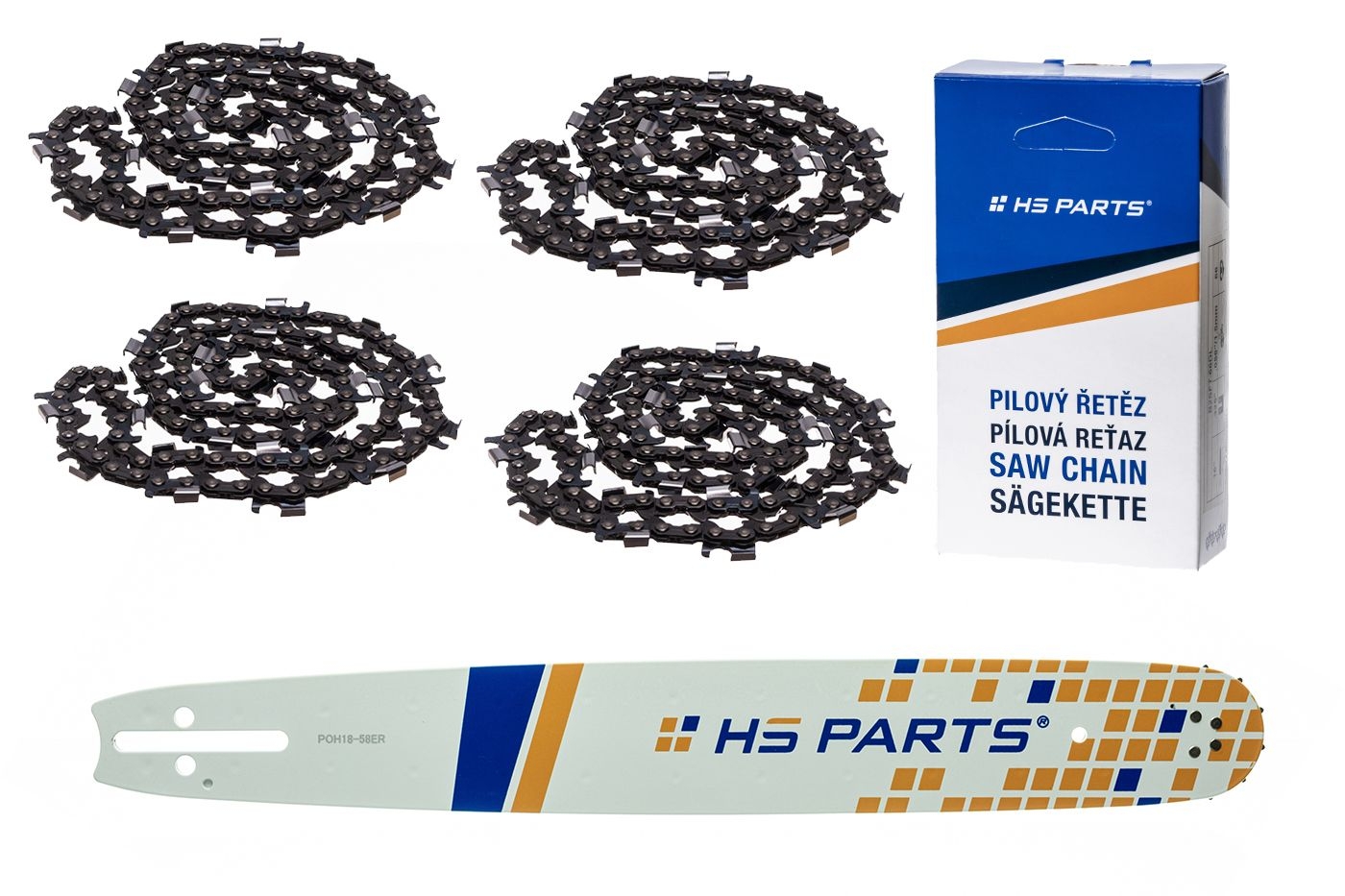 HS PARTS vodící lišta 18" (45 cm) 3/8" .058" (1,5 mm) + 4 x řetěz na podélné řezání 64 článků pro Husqvarna 51 55 246 254 257 261 262 345 356 357 359 455 460 555 560 Jonsered 2054 CS2260 Dolmar 111 112 115 PS540 Solo 613 614 650
