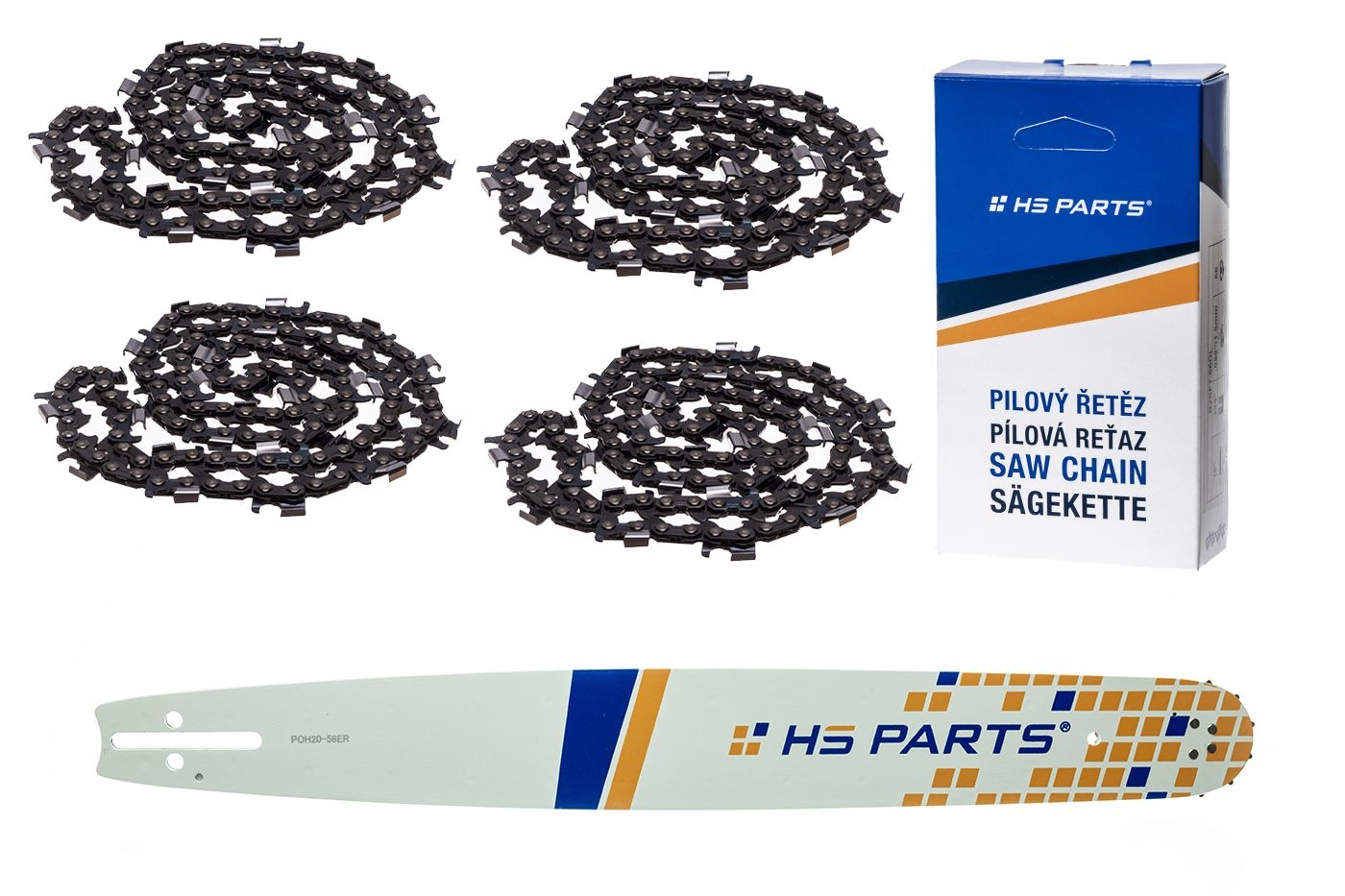 HS PARTS vodící lišta 20" (50 cm) 3/8" .058" (1,5 mm) + 4 x řetěz na podélné řezání 72 článků pro Husqvarna 51 55 246 254 257 261 262 345 356 357 359 455 460 555 560 Jonsered 2054 CS2260 Dolmar 111 112 115 PS540 Solo 613 614 650