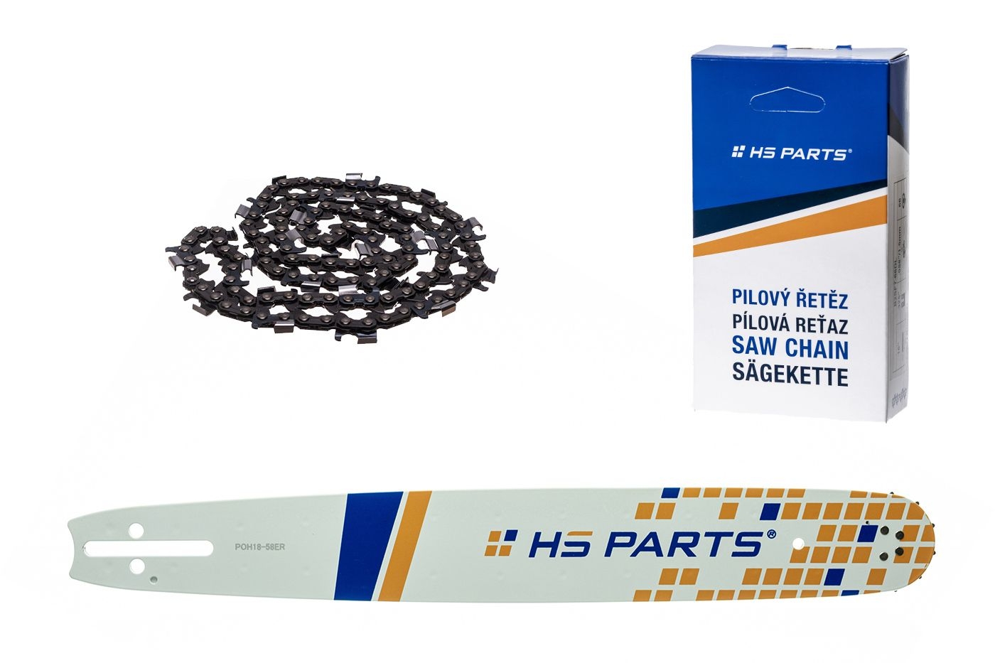 HS PARTS vodící lišta 18" (45 cm) 3/8" .058" (1,5 mm) + řetěz na podélné řezání 68 článků pro Husqvarna 51 55 246 254 257 261 262 345 356 357 359 455 460 555 560 Jonsered 2054 CS2260 Dolmar 111 112 115 PS540 Solo 613 614 650