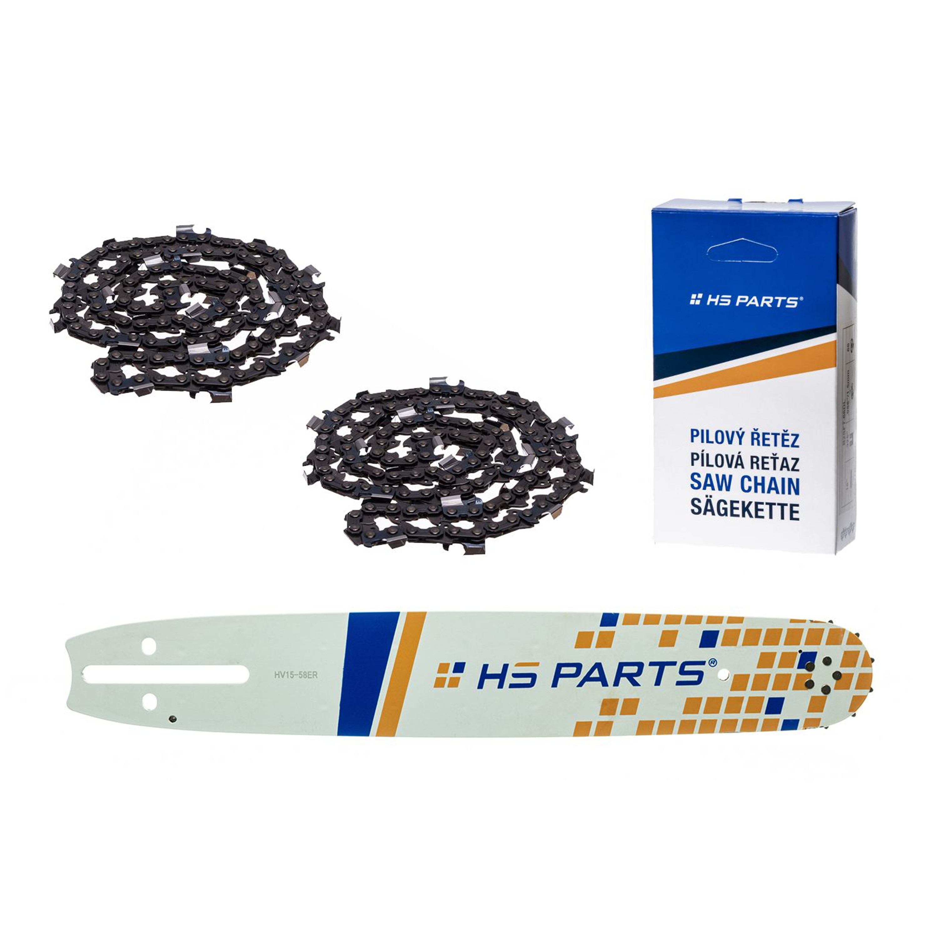 HS PARTS vodící lišta 15" (38 cm) 3/8" .058" (1,5 mm) + 2 x pilový řetěz 56 článků hranatý zub pro Husqvarna 61 66 266 268 272 365 372XP 281 298 380 385 585 Solo 665 670 681 Jonsered 2077 2171 Dolmar PS6400 Shindaiwa 285