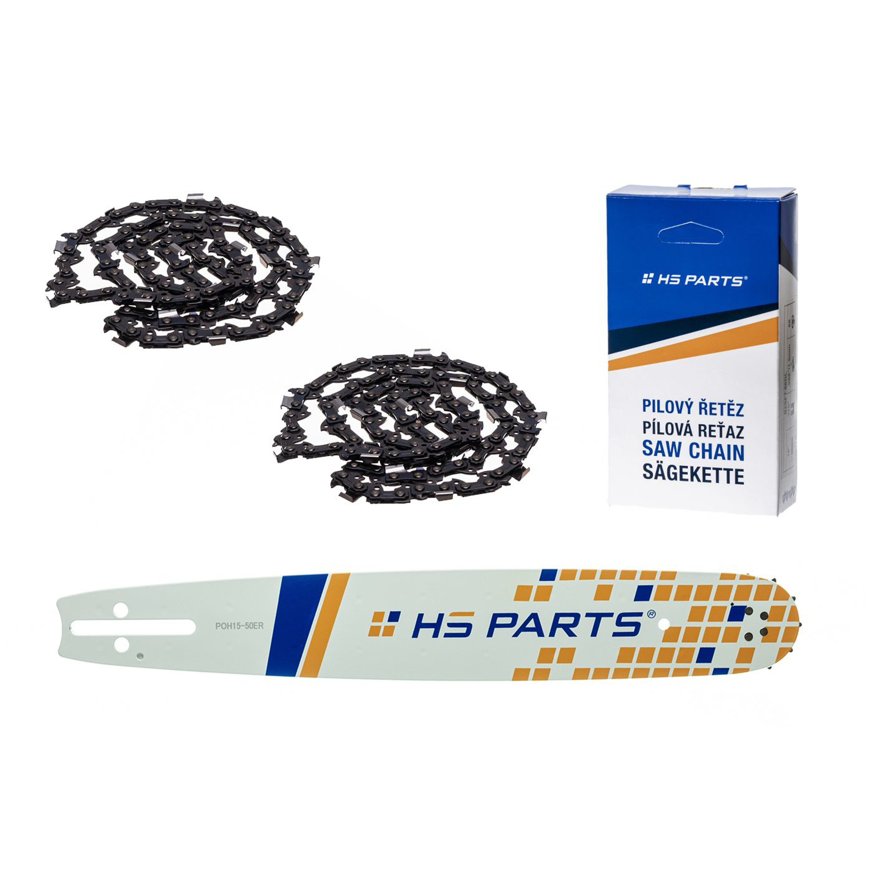 HS PARTS vodící lišta 15" (38 cm) 3/8" .050" (1,3 mm) + 2 x pilový řetěz 56 článků hranatý zub pro Husqvarna 246 254 262 345 357 455 460 555 560 Jonsered 2054 CS2260 Dolmar 112 115 PS540 Solo 613 650 Oleomac 962