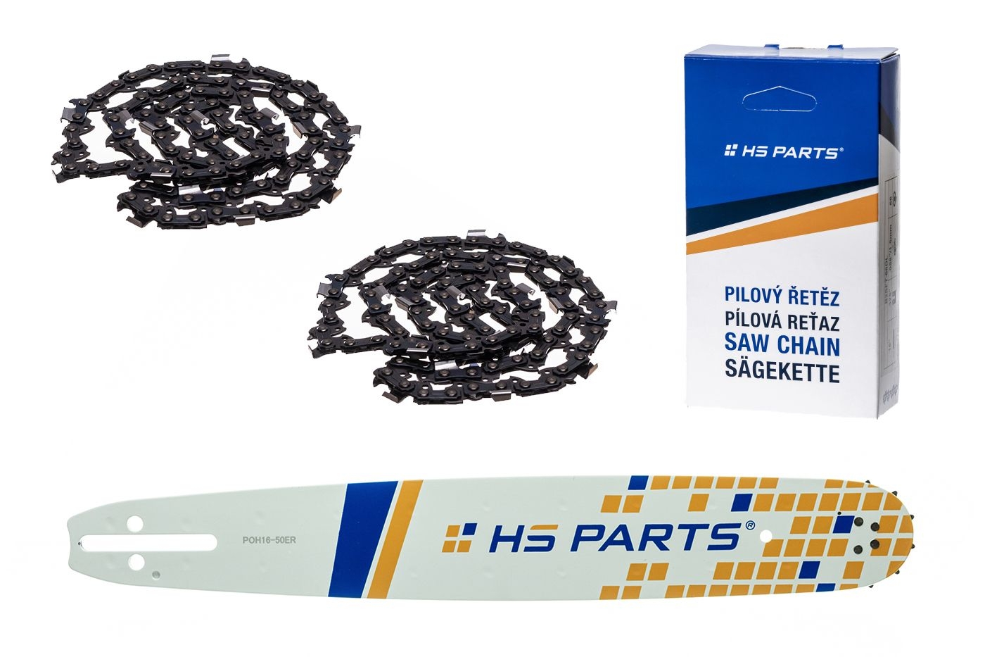 HS PARTS vodící lišta 16" (40 cm) 3/8" .050" (1,3 mm) + 2 x pilový řetěz 60 článků hranatý zub pro Husqvarna 246 254 262 345 357 455 460 555 560 Jonsered 2054 CS2260 Dolmar 111 112 115 PS540 Solo 613 614 650 Oleomac 162 956 962