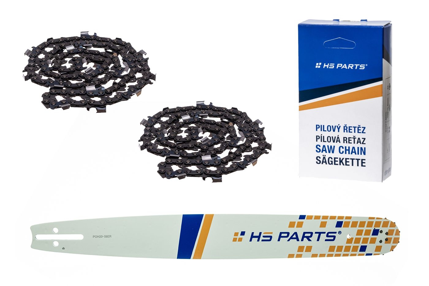 HS PARTS vodící lišta 20" (50 cm) 3/8" .058" (1,5 mm) + 2 x pilový řetěz 72 článků hranatý zub pro Husqvarna 246 254 262 345 357 455 460 555 560 Jonsered 2054 CS2260 Dolmar 111 112 115 PS540 Solo 613 614 650 Oleomac 162 956 962