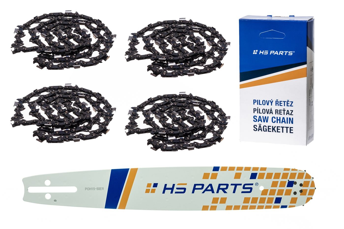 HS PARTS vodící lišta 15" (38 cm) 3/8" .050" (1,3 mm) + 4 x pilový řetěz 56 článků hranatý zub pro Husqvarna 246 254 262 345 357 455 460 555 560 Jonsered 2054 CS2260 Dolmar 111 112 115 PS540 Solo 613 614 650 Oleomac 162 956 962