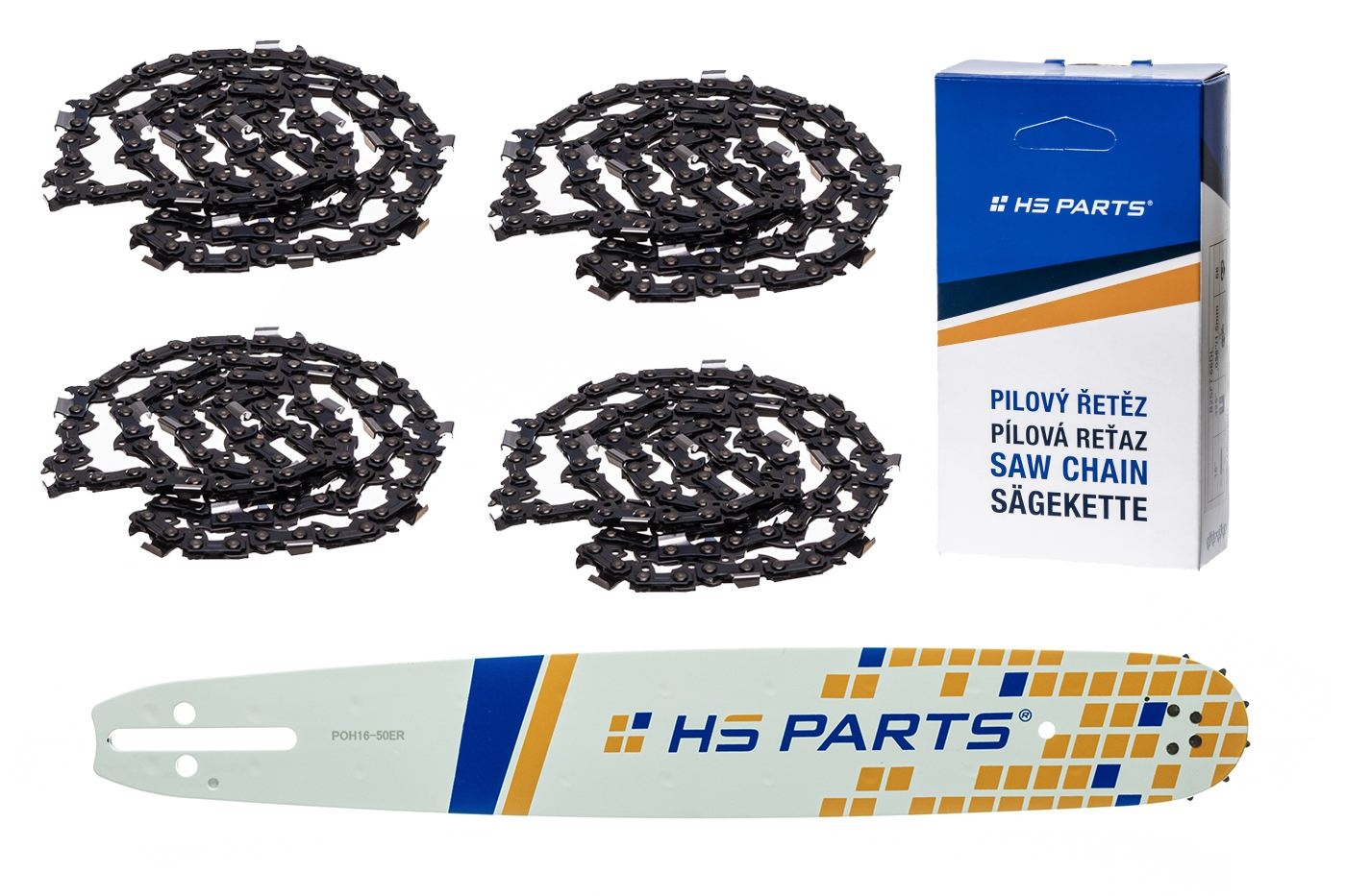 HS PARTS vodící lišta 16" (40 cm) 3/8" .050" (1,3 mm) + 4 x pilový řetěz 60 článků hranatý zub pro Husqvarna 246 254 262 345 357 455 460 555 560 Jonsered 2054 CS2260 Dolmar 111 112 115 PS540 Solo 613 614 650 Oleomac 162 956 962