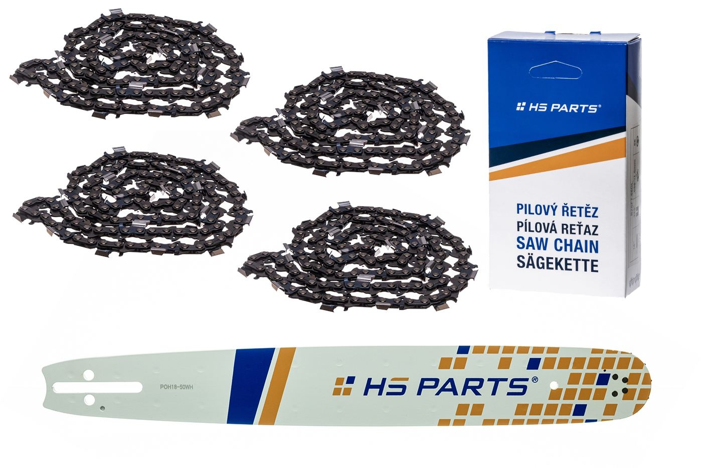 HS PARTS vodící lišta 18" (45 cm) .325" .050" (1,3 mm) + 4 x pilový řetěz 72 článků hranatý zub pro Husqvarna 36 45 55 136 154 254 257 262 345 346 357 435 445 460 Jonsered 2054 2152 2155 CS2149W Dolmar 111 112 116 Oleomac 947 952 962