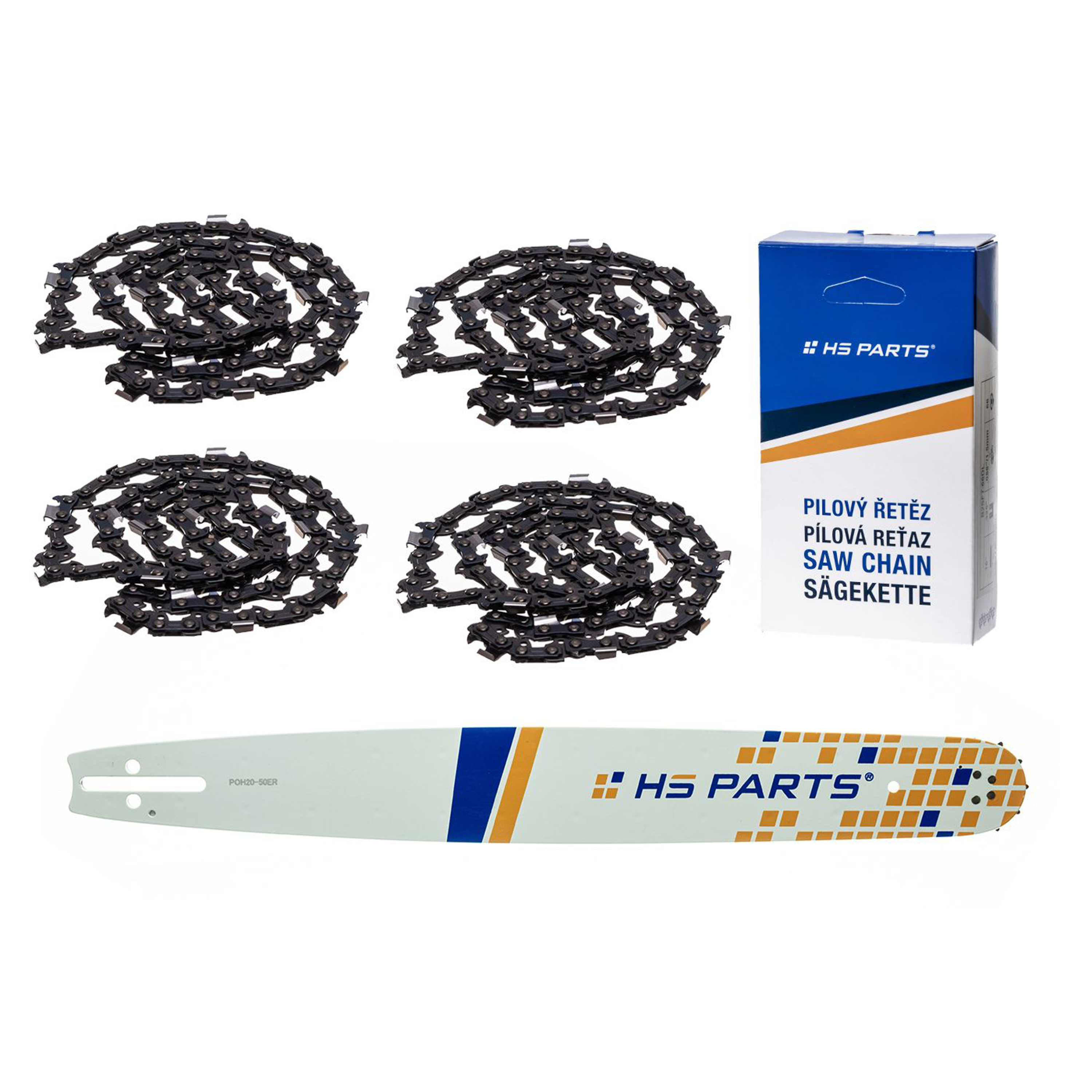HS PARTS vodící lišta 20" (50 cm) 3/8" .050" (1,3 mm) + 4 x pilový řetěz 72 článků hranatý zub pro Husqvarna 246 254 262 345 357 455 460 555 560 Jonsered 2054 CS2260 Dolmar 111 112 115 PS540 Solo 613 614 650 Oleomac 162 956 962