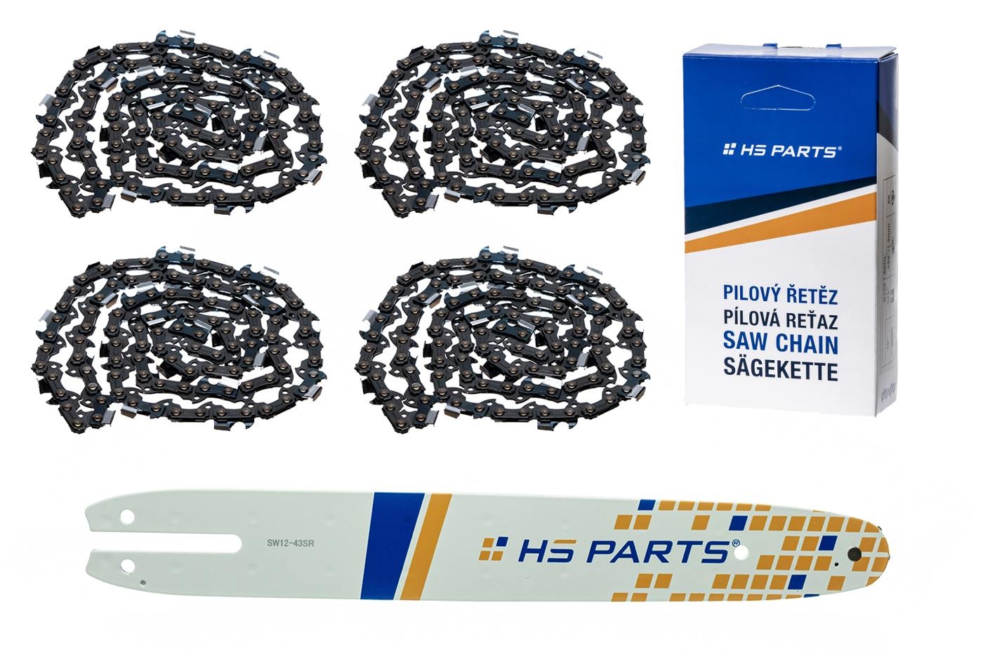 HS PARTS vodící lišta 12" (30 cm) 3/8" .043" (1,1 mm) + 4 x pilový řetěz 44 článků hranatý zub pro Stihl MSE140 MSE141 MSE160 MS170 MS171 MS180 MS181 MS192 MS211 MS191T MSE141 MSA200C HT101 HT70 E140 023L