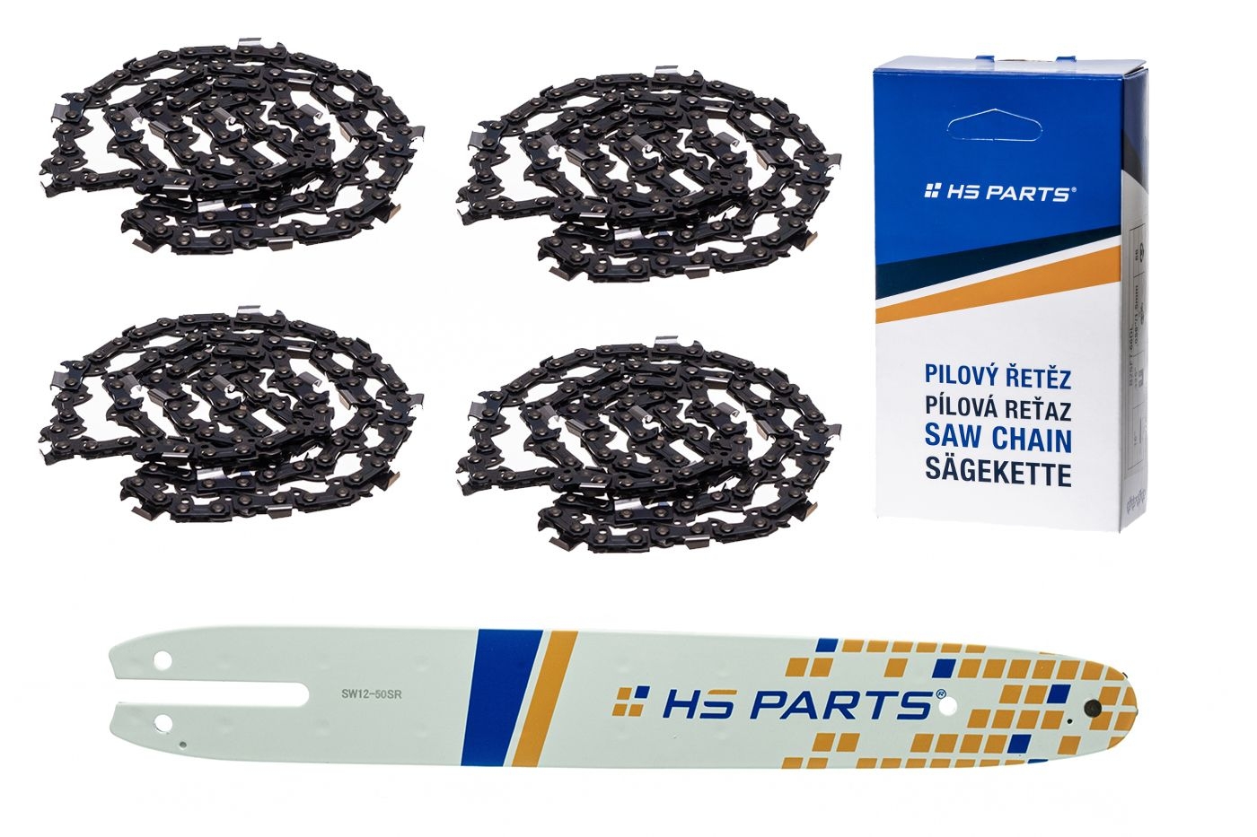 HS PARTS vodící lišta 12" (30 cm) 3/8" .050" (1,3 mm) + 4 x pilový řetěz 44 článků hranatý zub pro Stihl 009 010 011 017 018 019 020 021 023 025 MS160 MS170 MS171 MS180 MS181 MS192 MS210 MS211 MS250 MS231 MS241 MS251