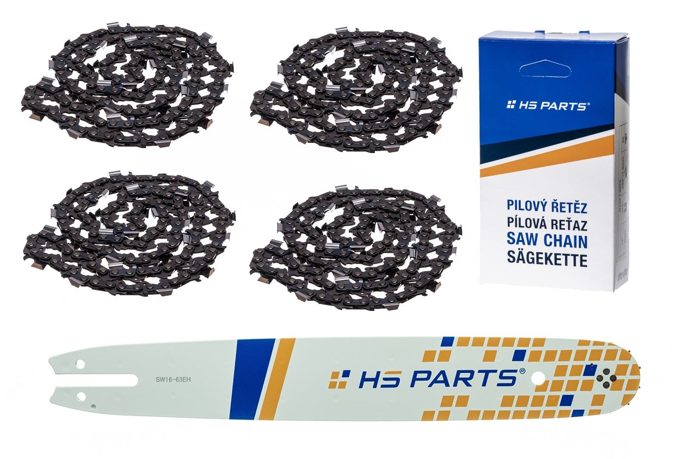 HS PARTS vodící lišta 16" (40 cm) .325" .063" (1,6 mm) + 4 x pilový řetěz 62 článků hranatý zub pro Stihl 021 023 025 MS210 MS230 MS231 MS241 MS250 MS251