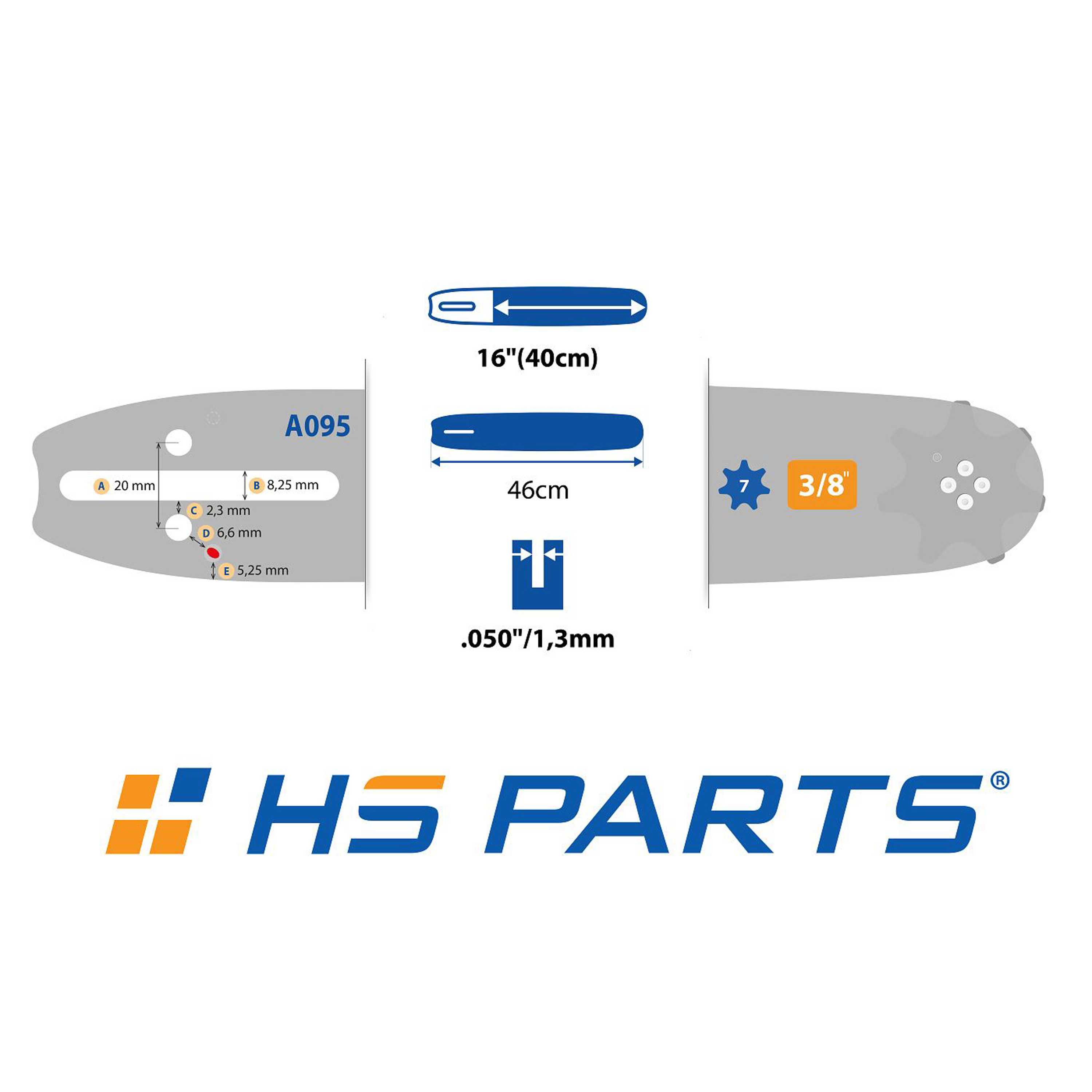 HS PARTS vodící lišta 16" (40cm) + 2 x řetez 3/8" .050" (1,3 mm) 56 článků hranatý zub + řetězka Husqvarna 136 142 236 Jonsered 2035 2040 CS2137 CS2234 Partner 350 351 370 390 McCulloch CS380 Mac20X Poulan 2250 2375