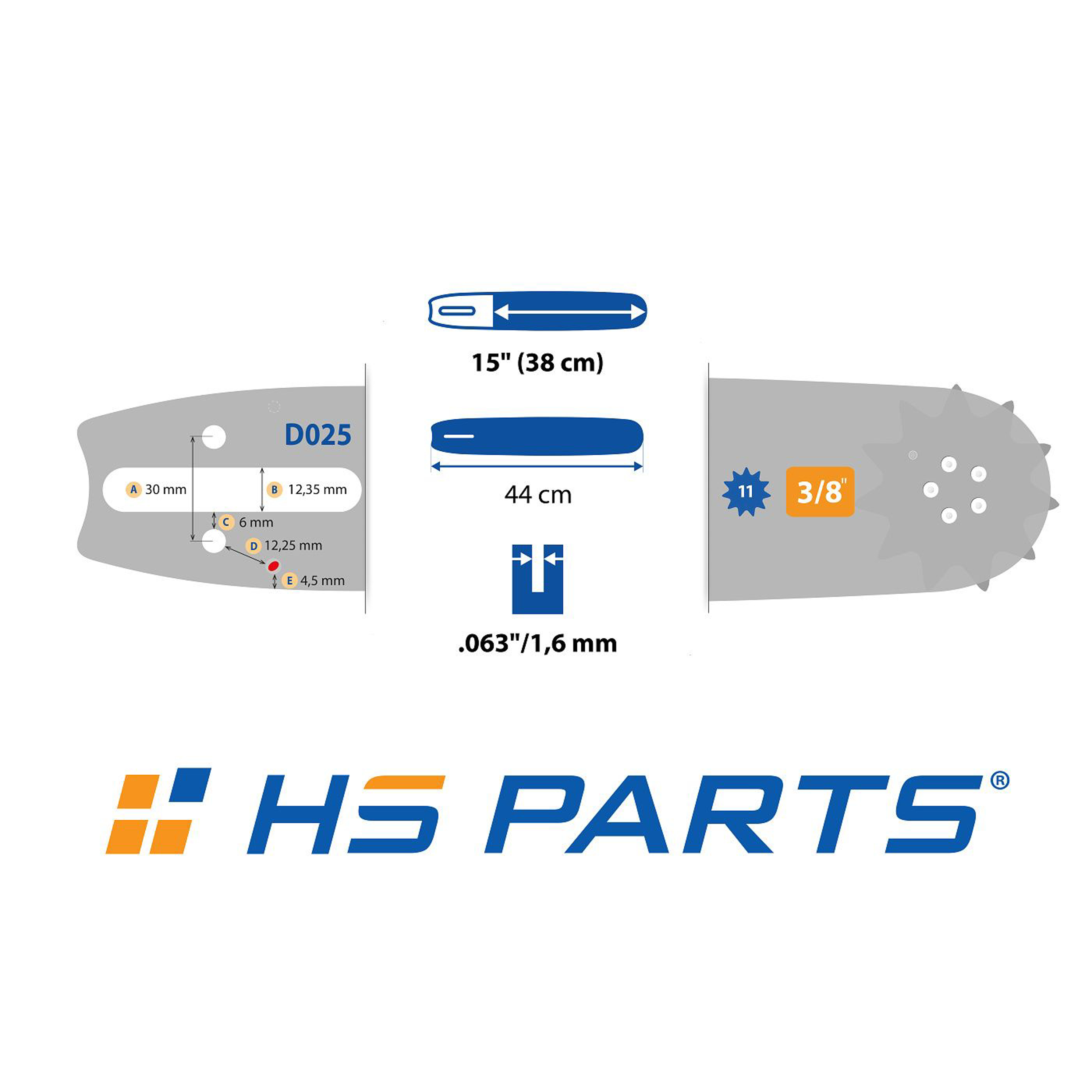 HS PARTS vodící lišta 15" (38 cm) + řetěz 3/8" .063" (1,6 mm) 56 článků hranatý zub + řetězka pro Stihl 044 046 MS341 MS361 MS362 MS440 MS441 MS460 MS461