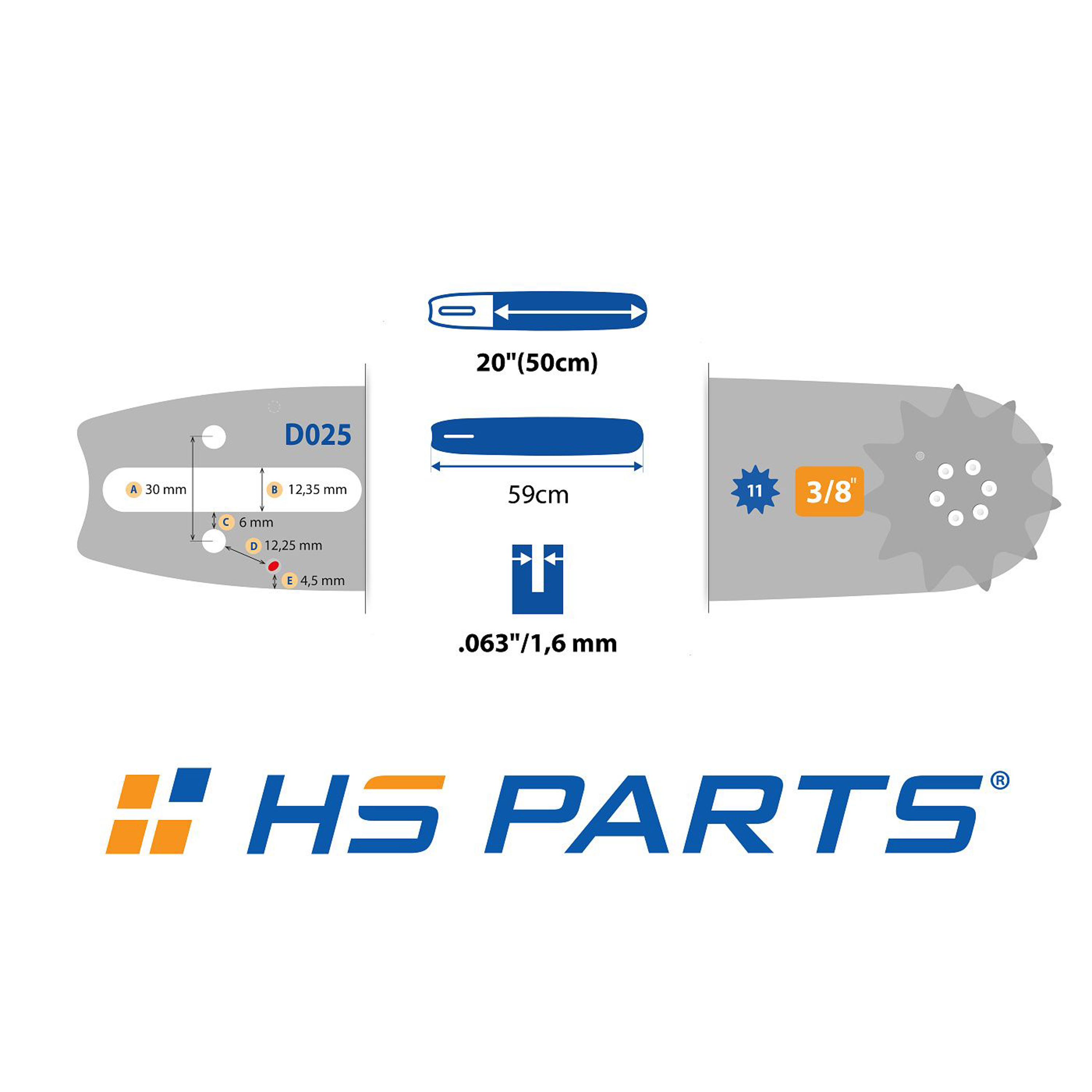 HS PARTS vodící lišta 20" (50 cm) + 2 x řetěz 3/8" .063" (1,6 mm) 72 článků hranatý zub + řetězka pro Stihl 034 036 MS340 MS360