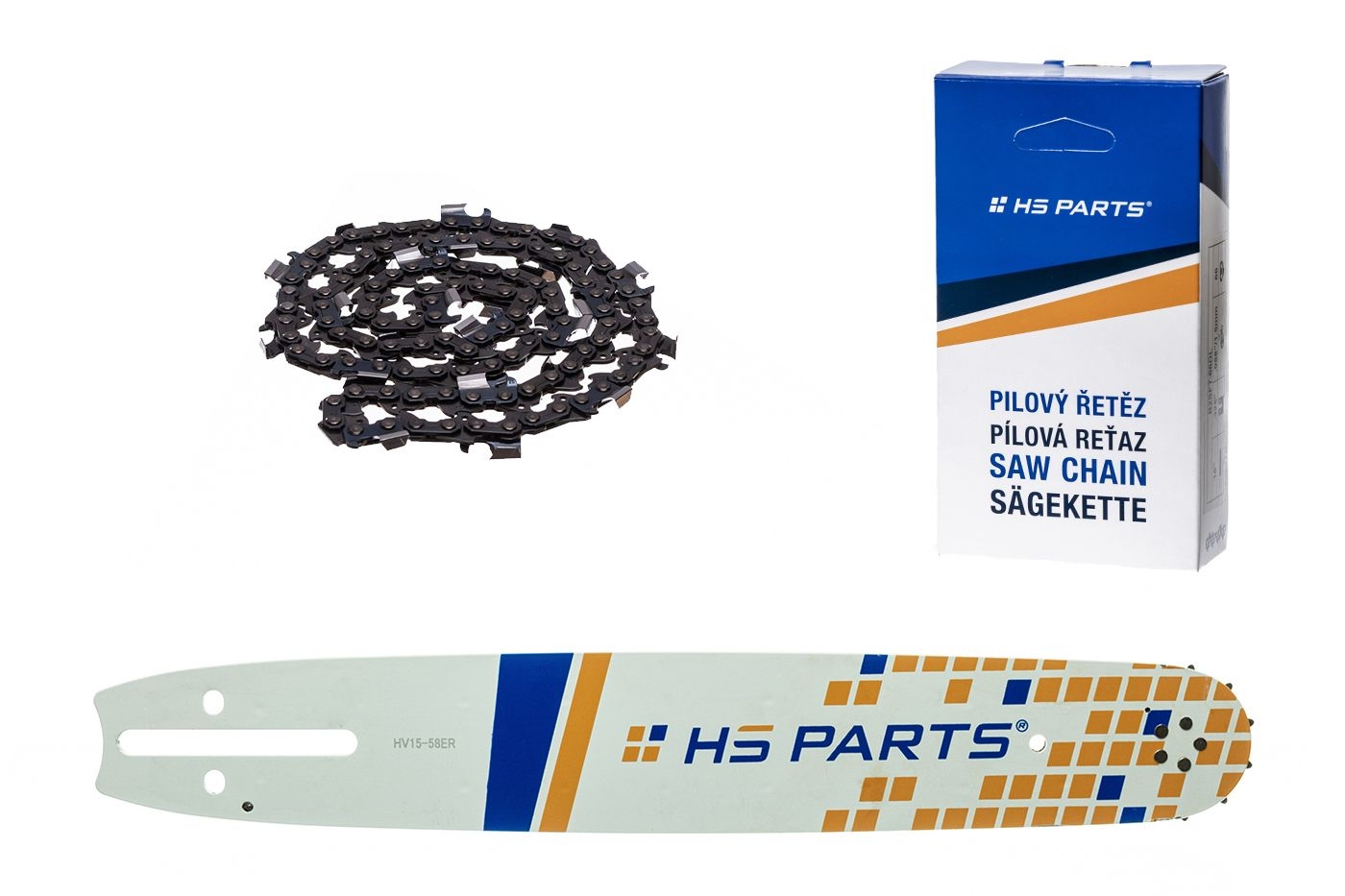 HS PARTS vodící lišta 15" (38 cm) 3/8" .058" (1,5 mm) + pilový řetěz 56 článků hranatý zub pro Husqvarna 61 66 266 268 272 365 372XP 281 298 380 385 585 Solo 665 670 681 Jonsered 2077 2171 Dolmar PS6400 Shindaiwa 285 577 Makita DCS6400