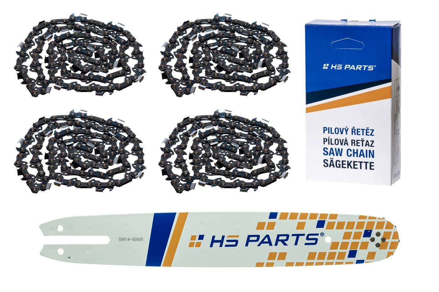 HS PARTS vodící lišta 14" (35 cm) 3/8" .050" (1,3 mm) + 4 x pilový řetěz 50 článků hranatý zub pro Stihl 009 012 017 018 019 020 021 025 MS170 MS180 MS192 MS200 MS210 MS211 MS241 MS251